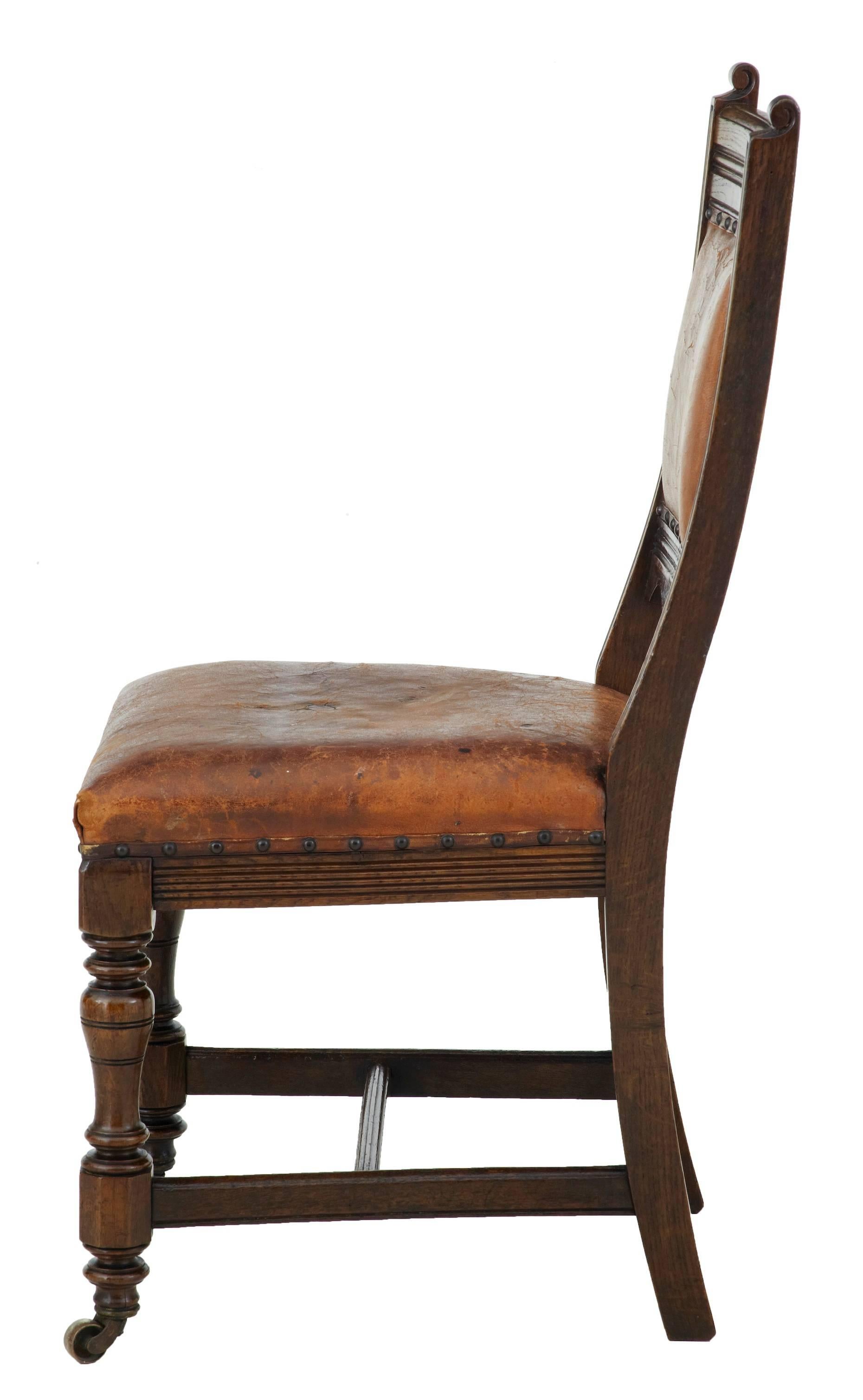 Victorian Set of Six 19th Century Carved Oak and Leather Dining Chairs