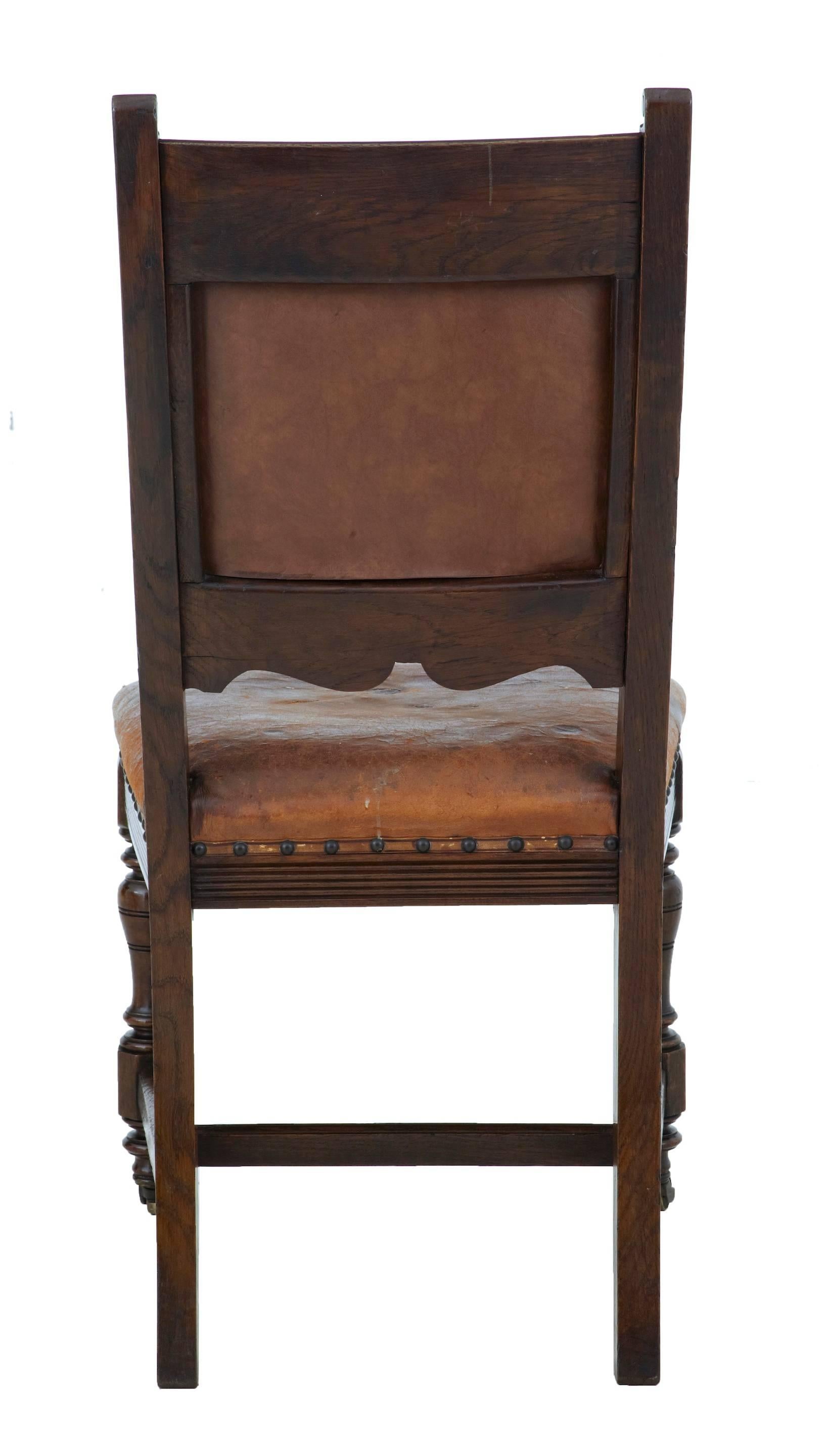 British Set of Six 19th Century Carved Oak and Leather Dining Chairs