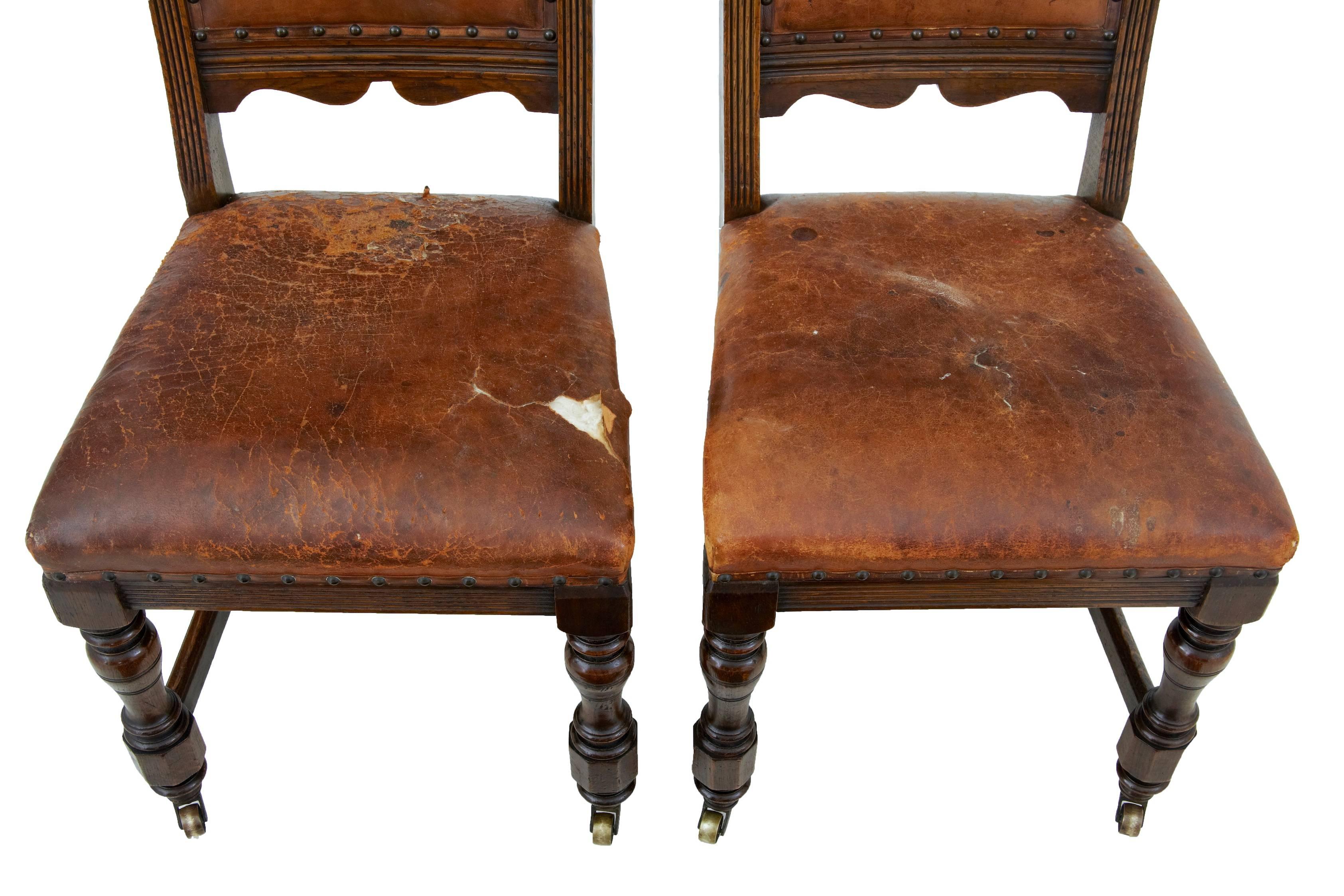 Woodwork Set of Six 19th Century Carved Oak and Leather Dining Chairs