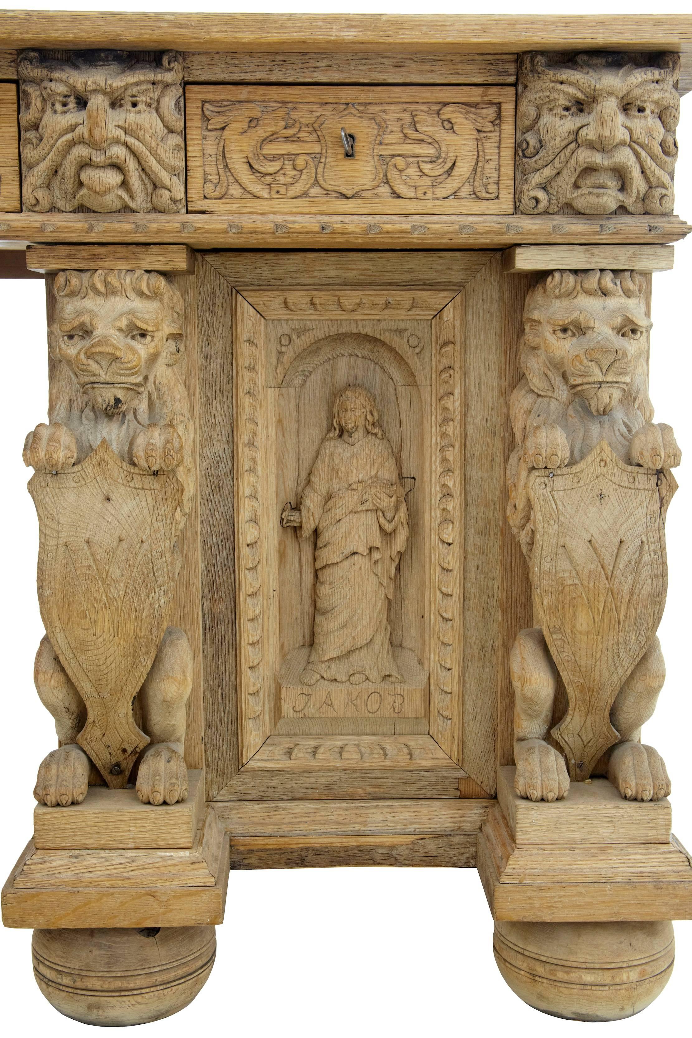 Stunning 19th Century Victorian Carved Oak Pedestal Desk 5