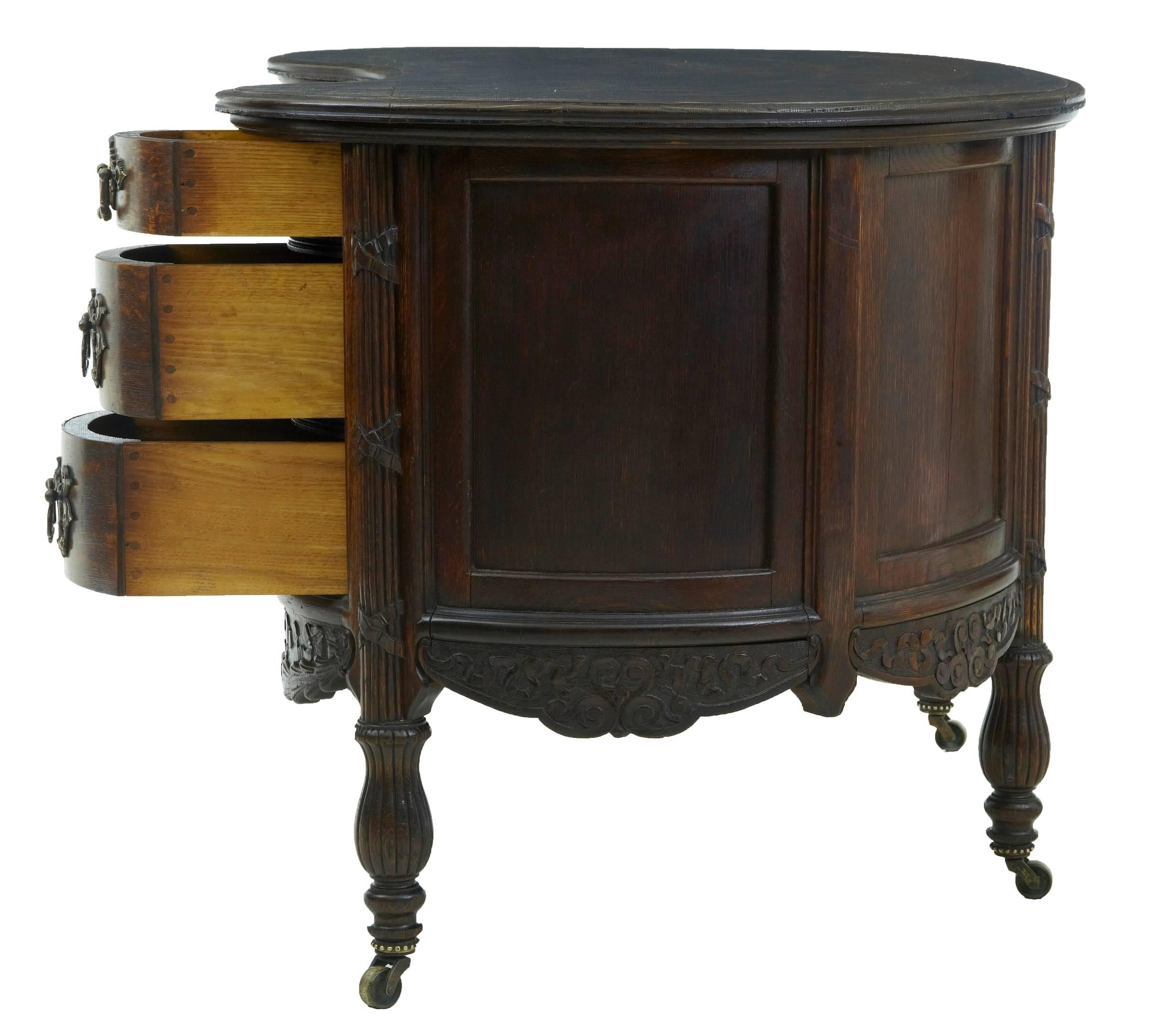 European Late 19th Century Carved Oak Kidney Shaped Writing Desk