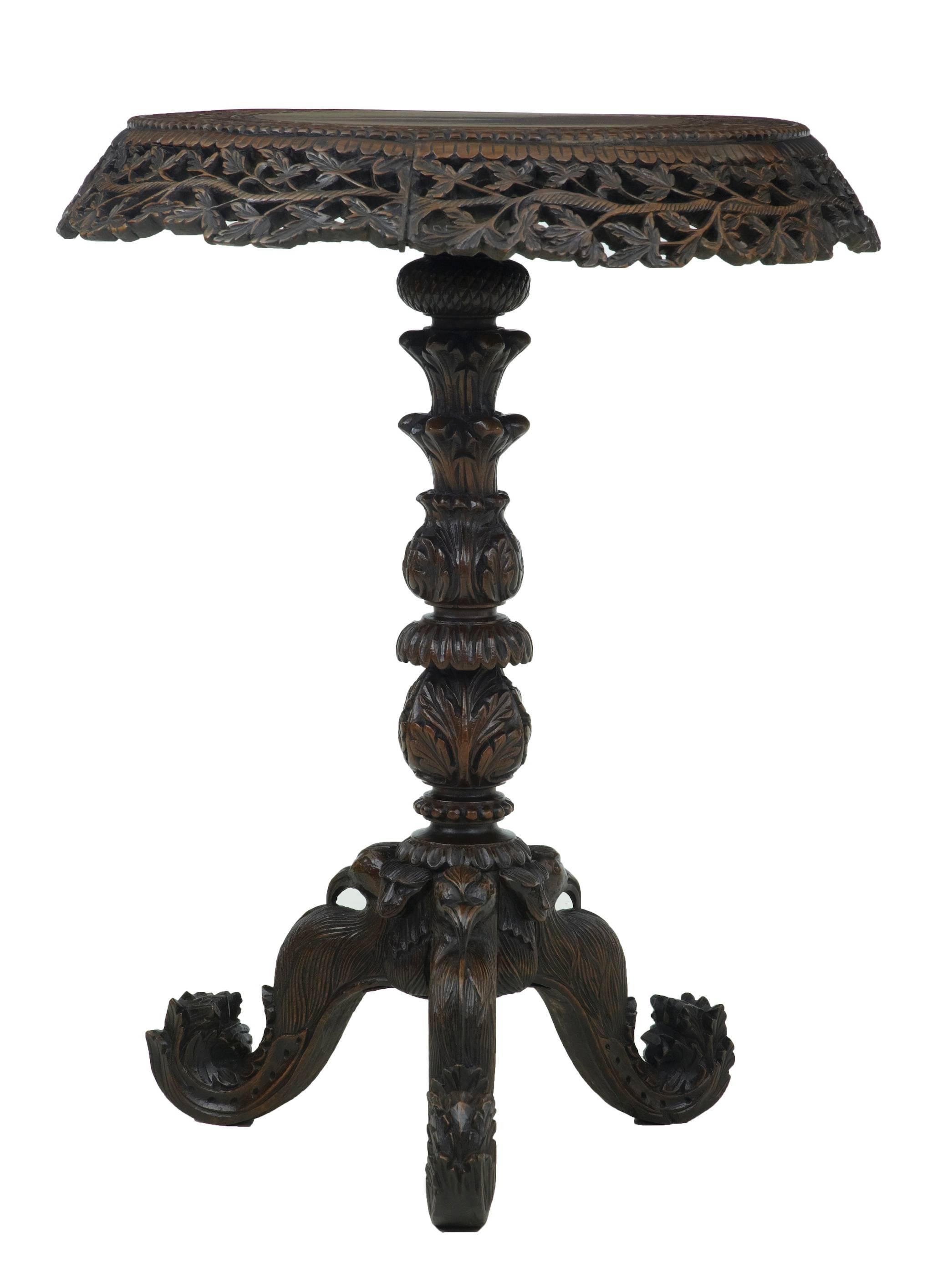 Anglo-Indian 19th Century Carved Hardwood Ceylonese Flip-Top Tripod Table
