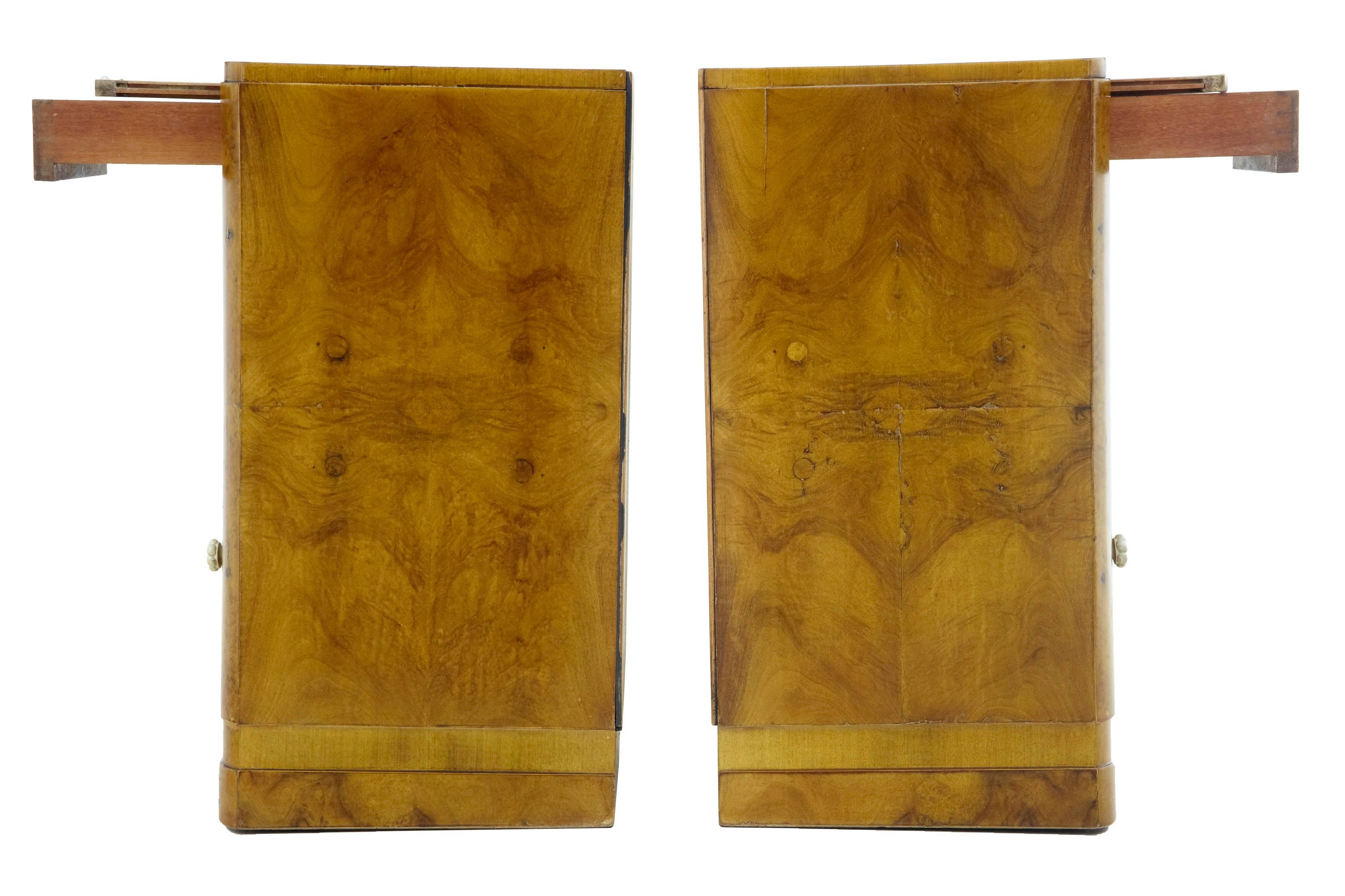 European Pair of 20th Century Art Deco Walnut Bedside Cabinets