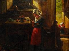 19th Century Oil on Canvas Charwomans Daughter Feeding Chickens by E Brownlow