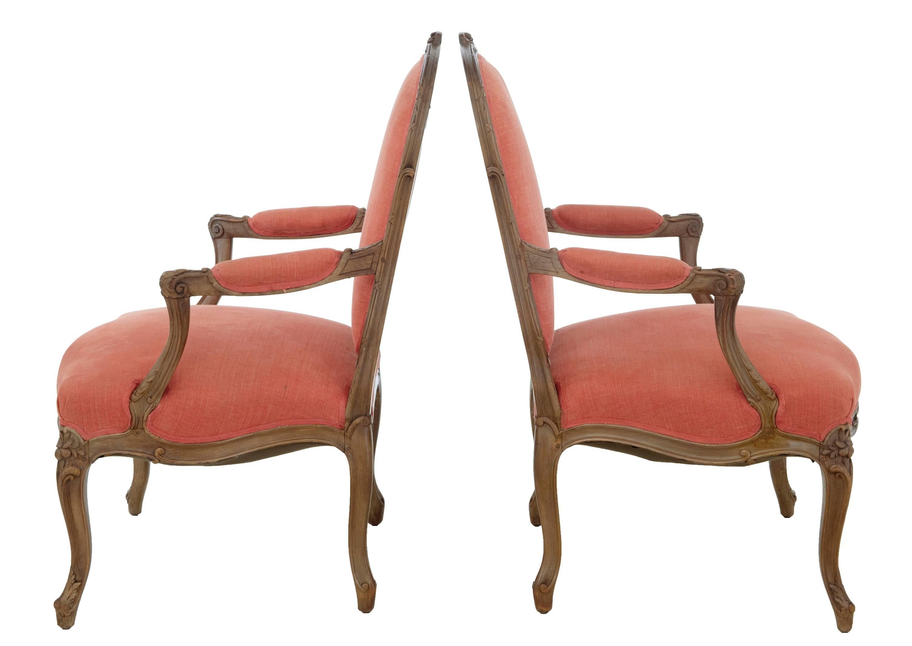 Good quality wide seat pair of walnut armchairs, circa 1870.
Carved on all the frame elements, nice light walnut color.
Later fabric is in good clean condition.

Height: 38
