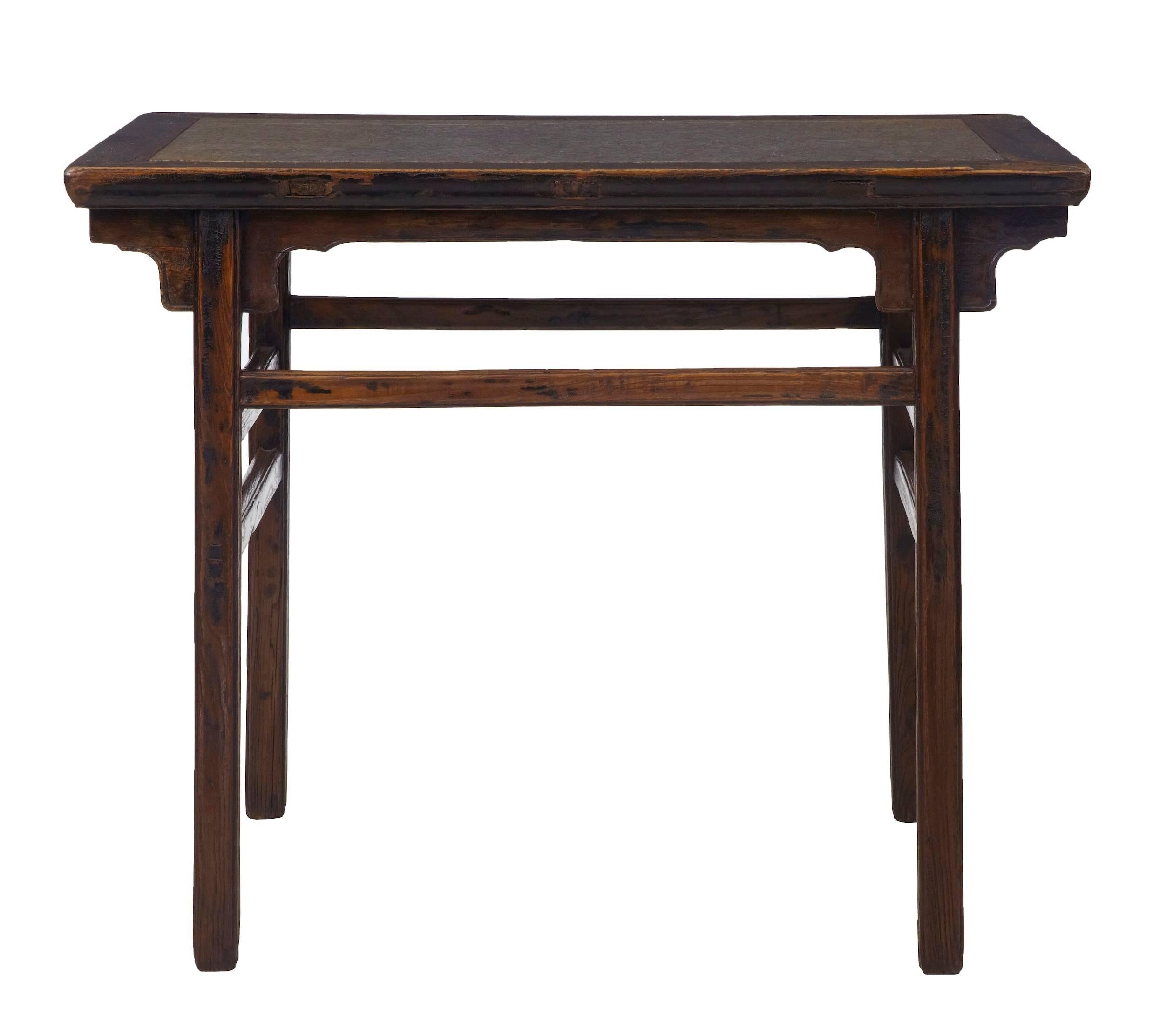 Good quality hard wood Chinese table, circa 1880.
Grey and red veined original marble top.
Some age wear to lacquered finish.

Measures: Height 33 2/3