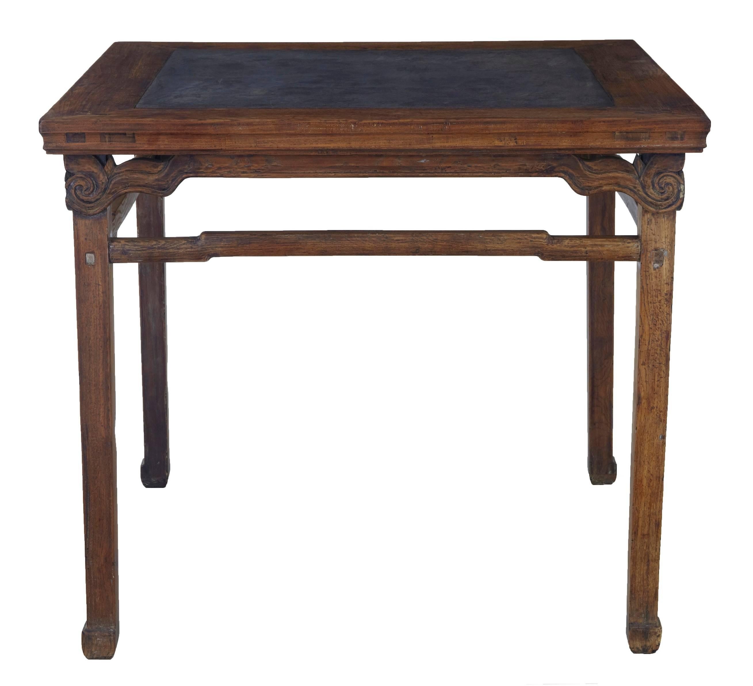 Good quality hardwood Chinese table, circa 1880.
Large grey marble inset top.
Carved dry wood finish.
Minor scratches to marble surface. (photographed).

Measures: Height: 35 1/4