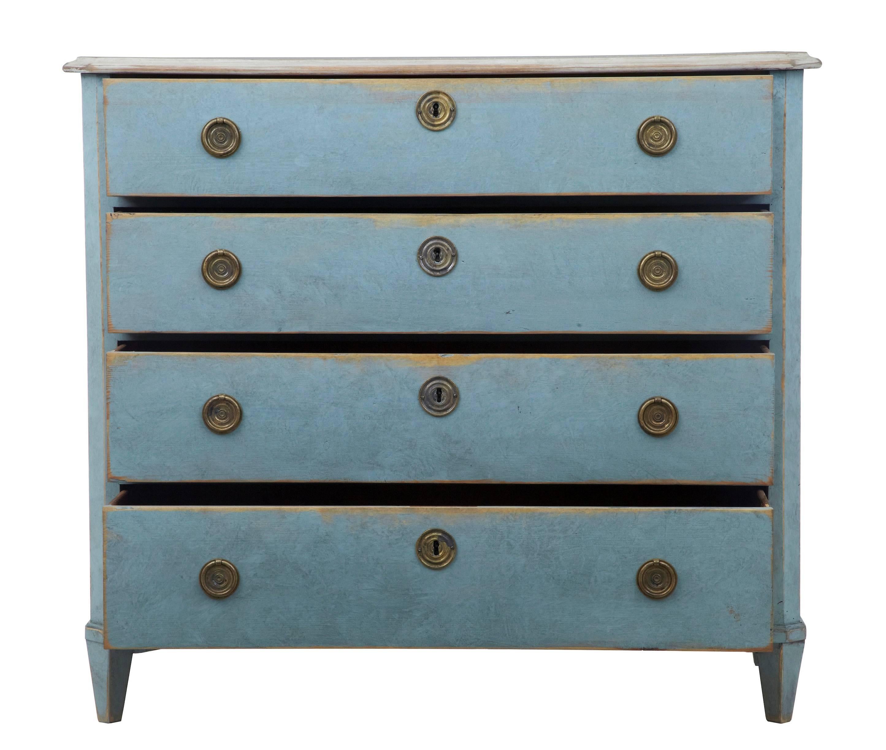 Four-drawer chest of drawers with later paint, circa 1890.

In traditional Swedish rustic color and grey painted top.
Later handles and hardware.
Standing on four tapered legs.

Measures: Height 34 1/2