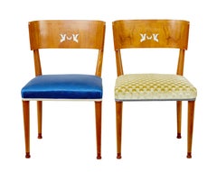 Rare set of Swedish art deco inlaid elm klismos dining chairs