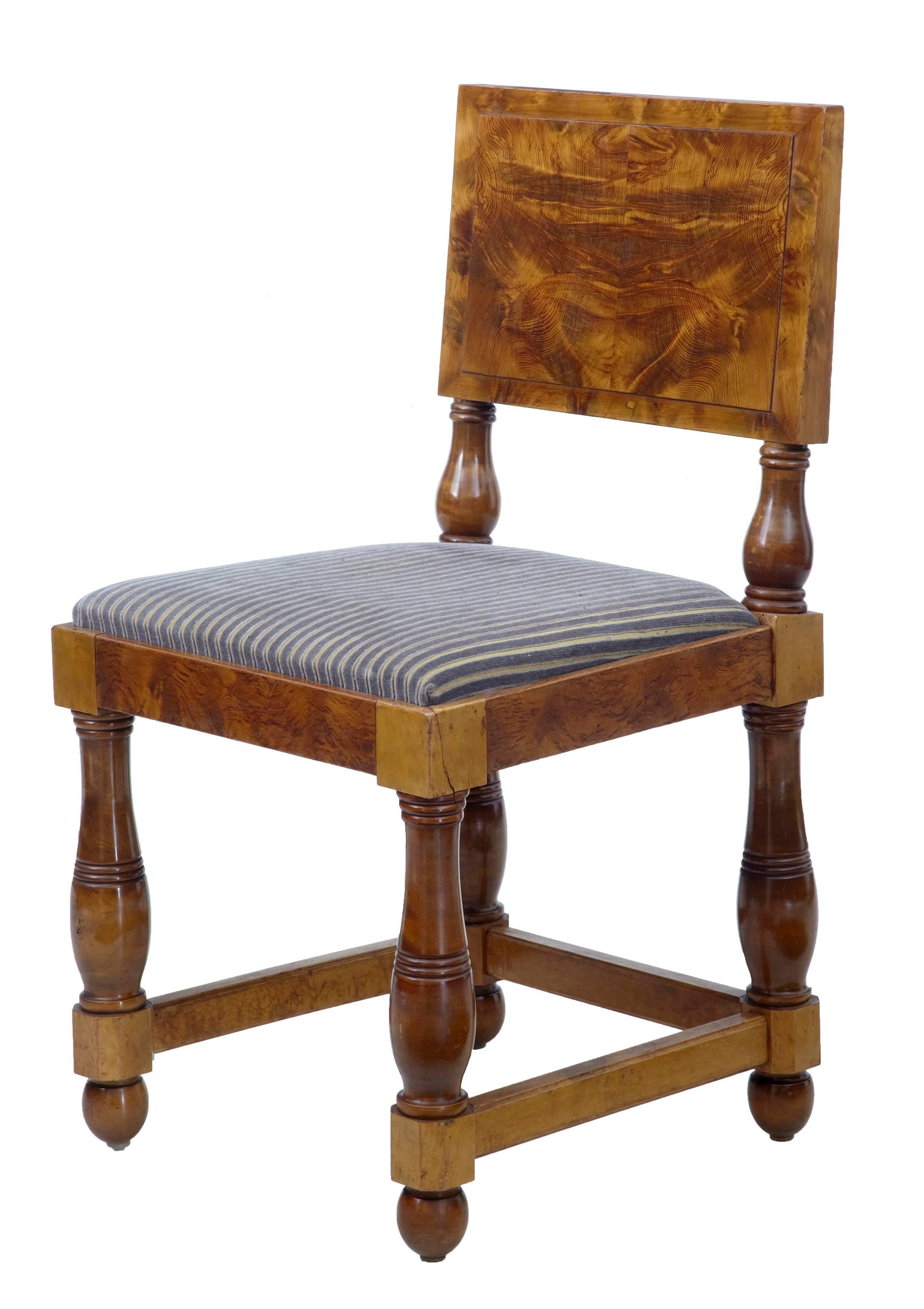 Unusual set of five pitch pine dining chairs, circa 1920.
Rich golden color with striking grain.
Standing on gun barrel turned legs.
Upholstery clean and ready for everyday use.

Measures: Height: 34 1/3".
Width: 18 3/4".
Depth: 18