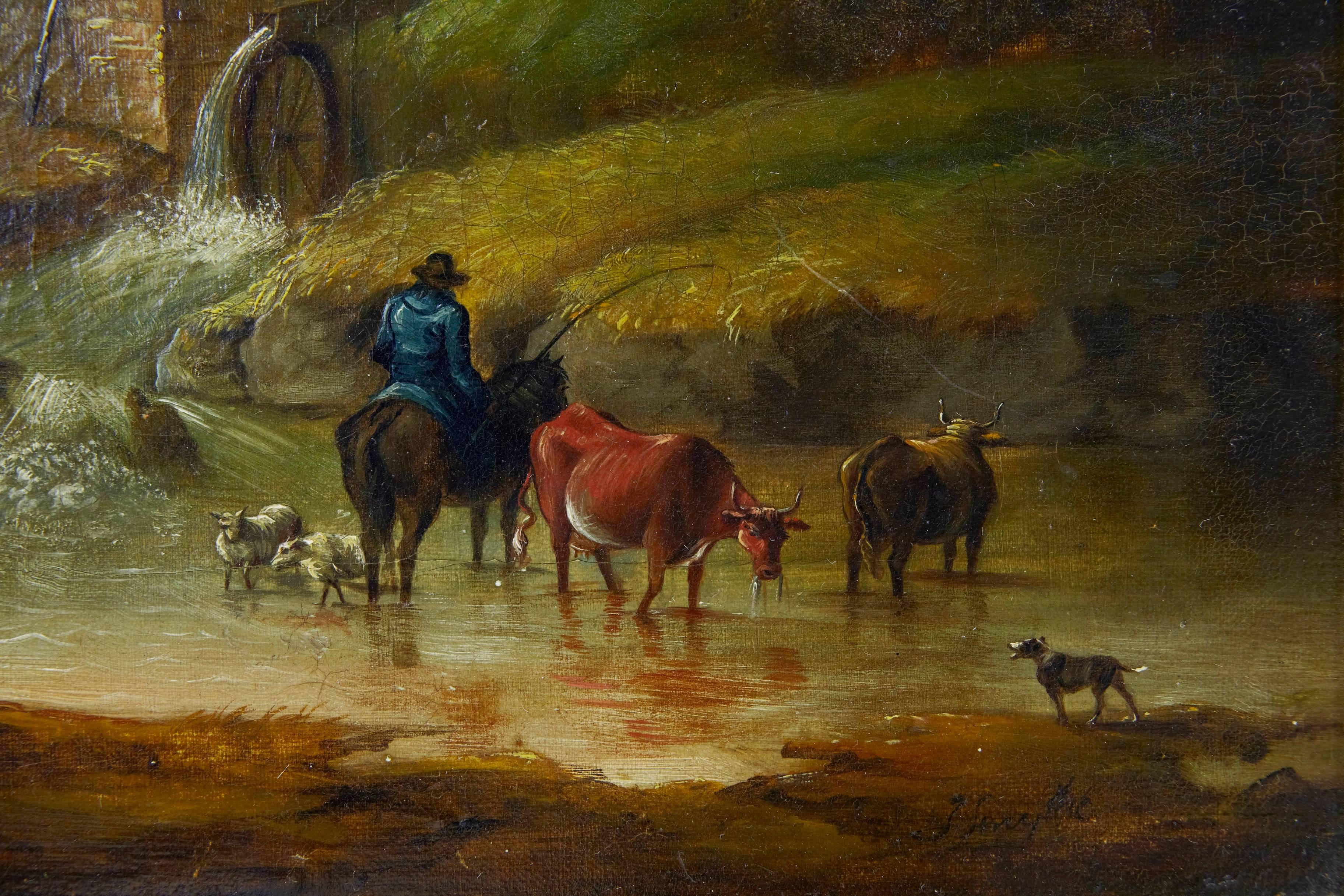 Thomas Smythe 1825-1907.
Oil on canvas depicting a farmer and cattle with watermill in the background.
In original gilt frame.
Signed bottom right corner.

Measures: Height: 19 1/4