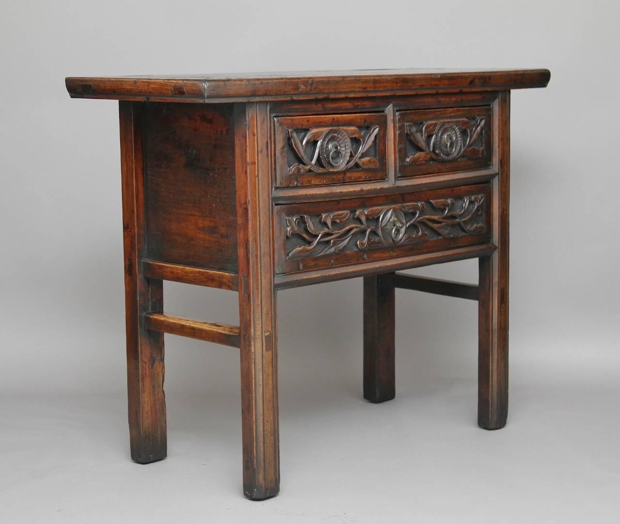 19th Century Chinese Carved Elm Small Dresser 1