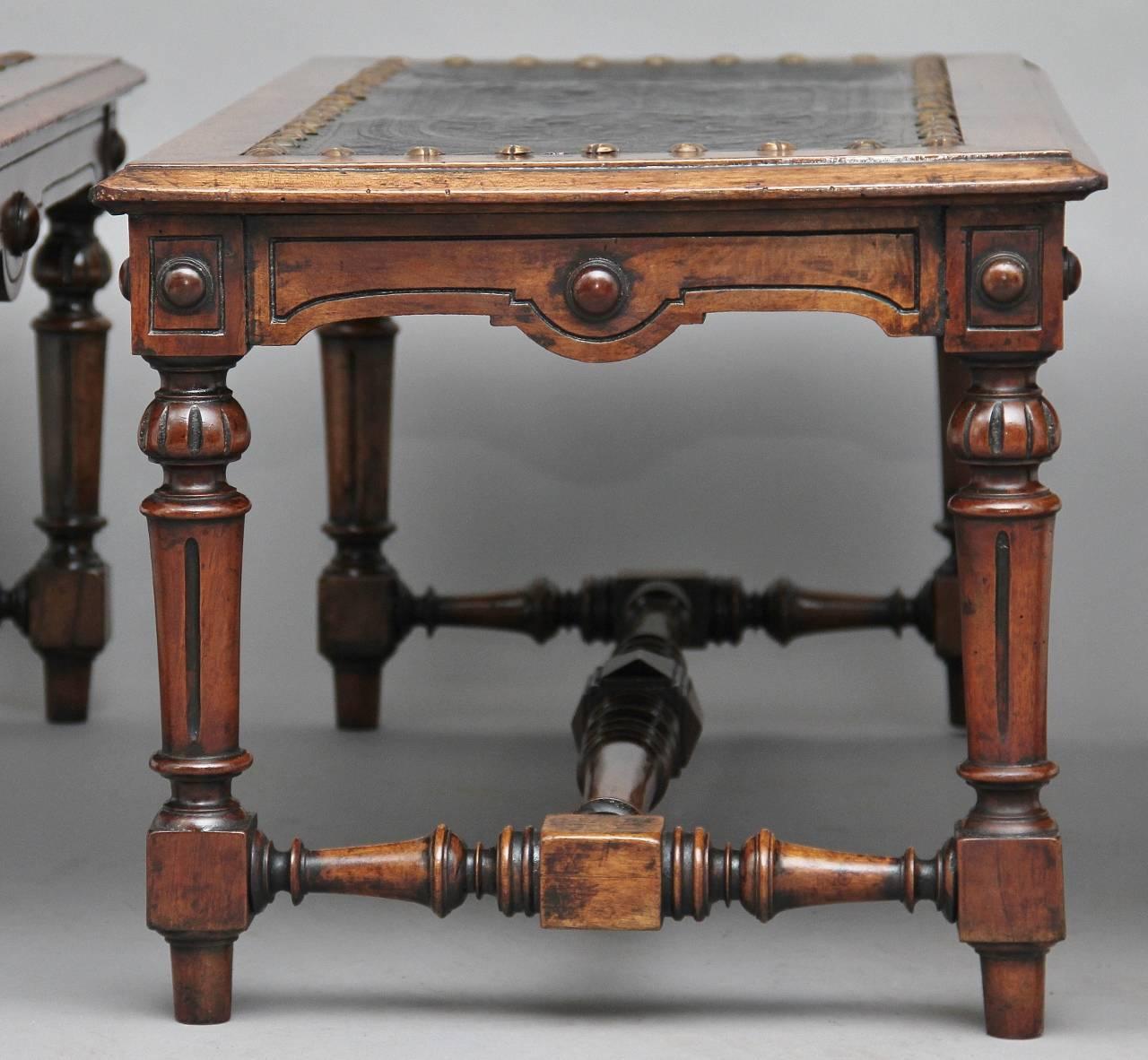 Victorian Set of Three, 19th Century Italian Walnut and Leather Stools