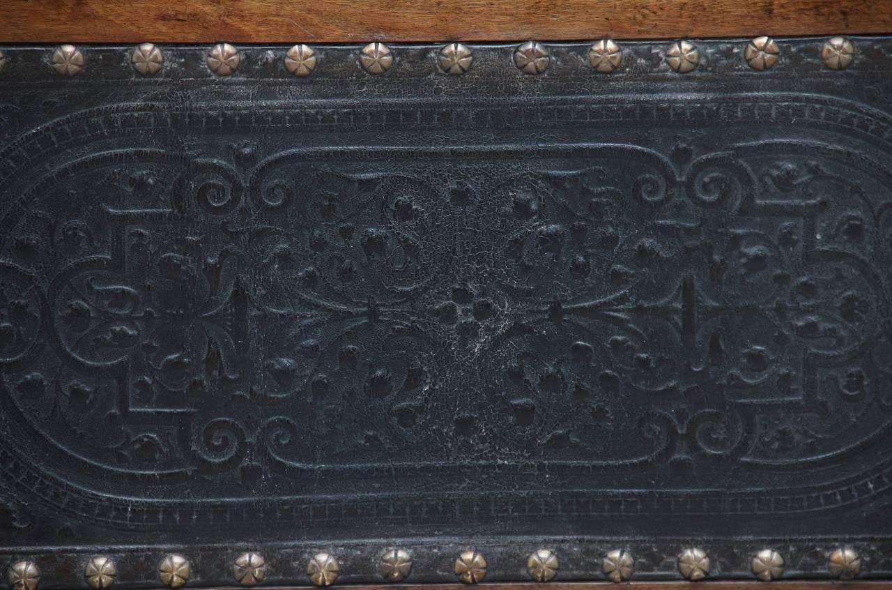 Carved Set of Three, 19th Century Italian Walnut and Leather Stools