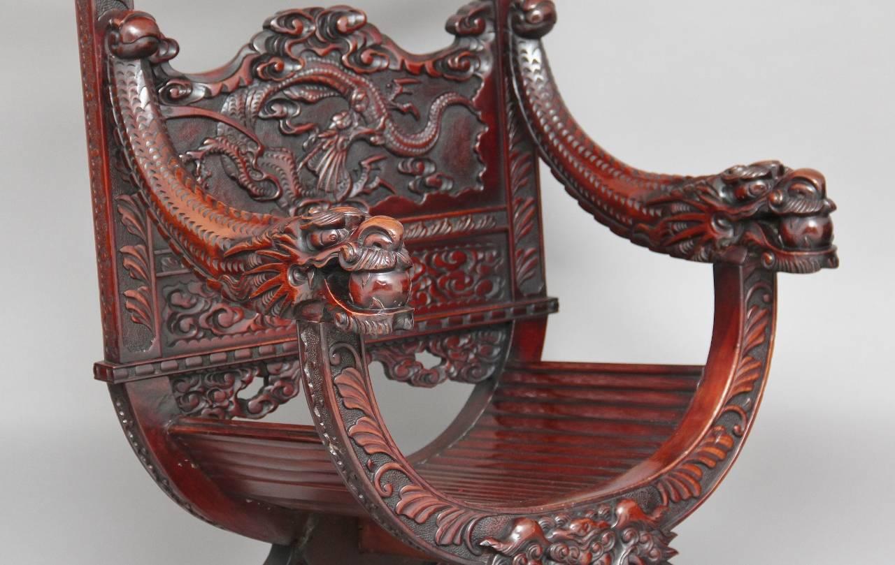 Chinese Export 19th Century Carved Chinese Hardwood Throne Chair
