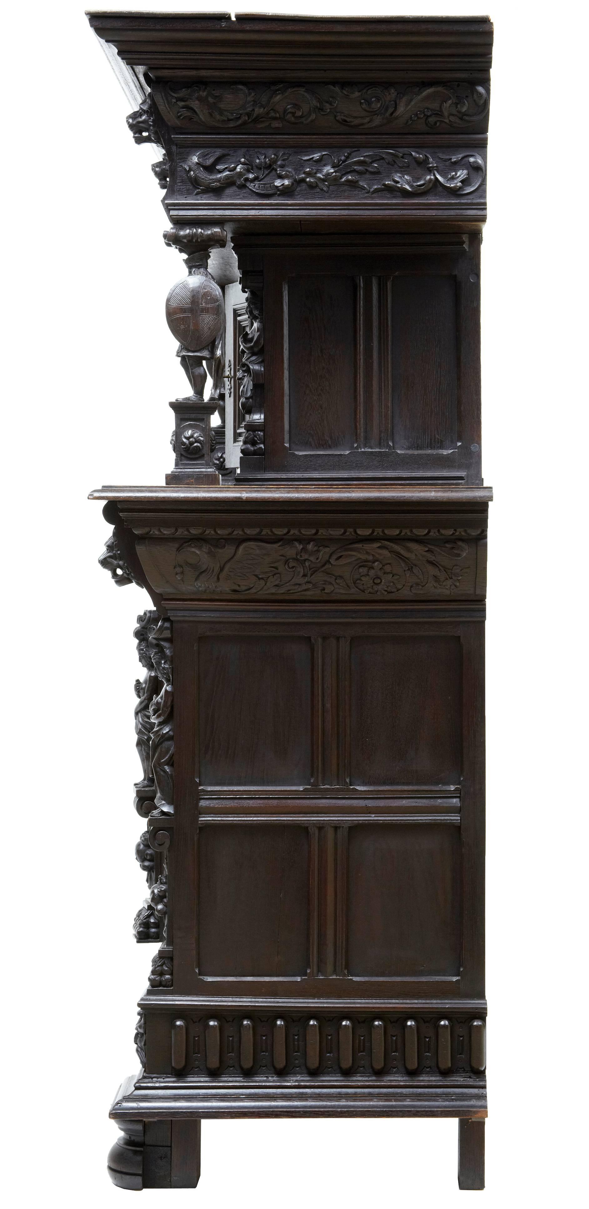 Belgian 19th Century Carved Flemish Oak Court Cupboard Buffet