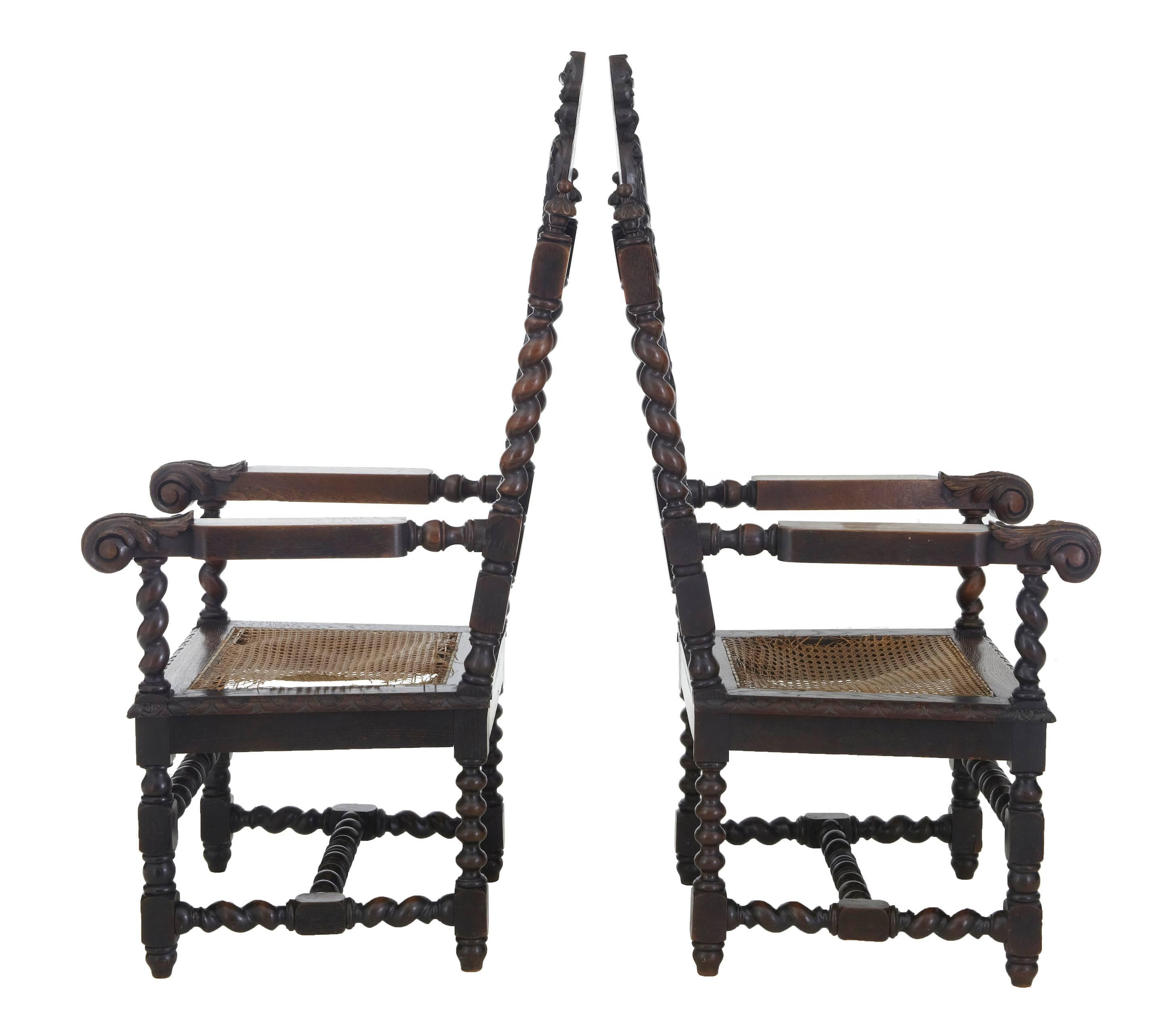 Good quality pair of carved throne chairs, circa 1890.
Beautifully pierced carving with strong depth.
Barley twists to the back, arms and legs.
Original cane work seats are beyond repair, ideal for replacement or adding an inset cushioned