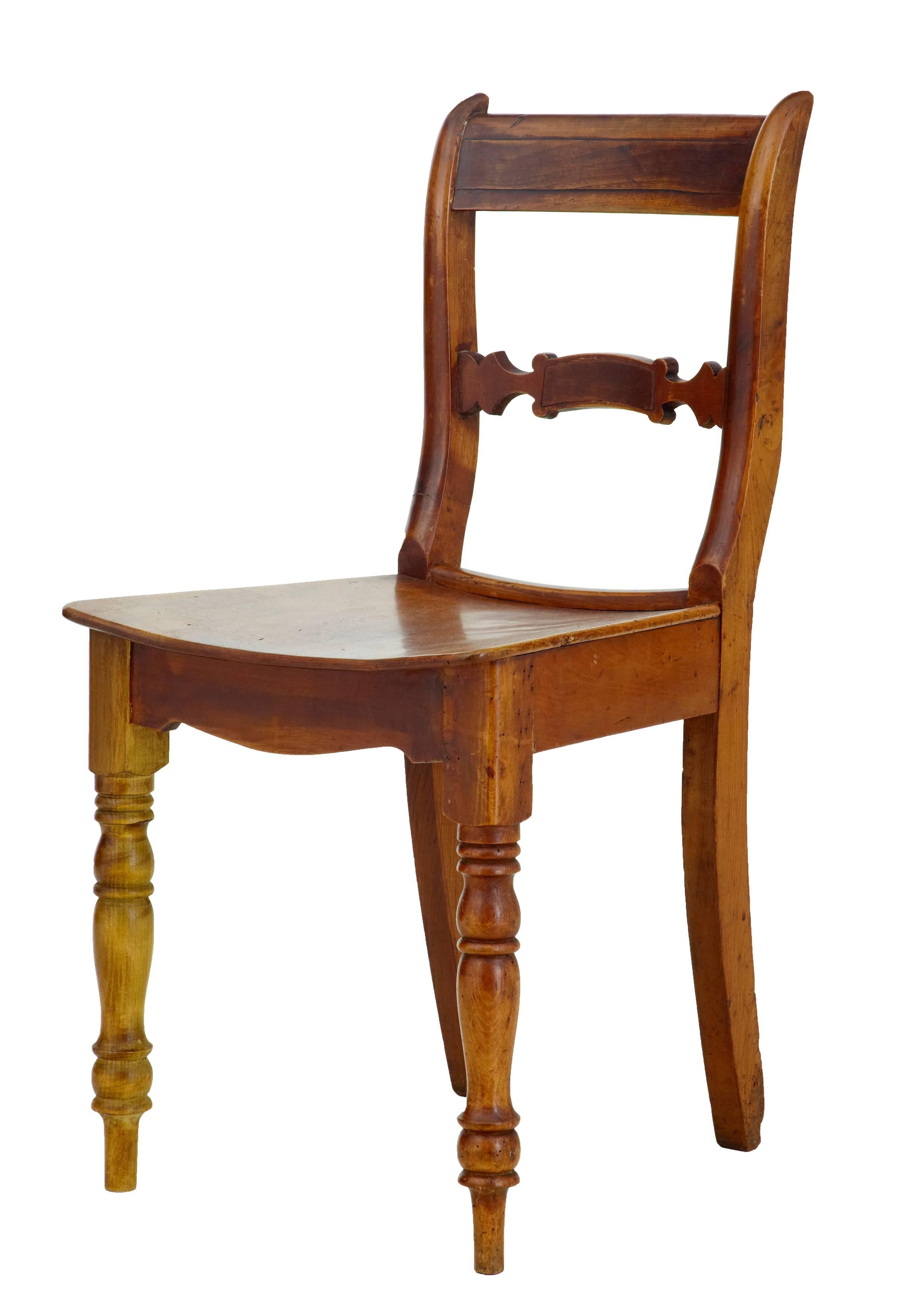 Fine set of fruitwood small dining chairs, circa 1880.
Shaped saddle seat.
Standing on turned front legs with tapering legs to the back.
Please note one seat has a split through the middle which is stable.
Evidence of treated/inactive worm.
One