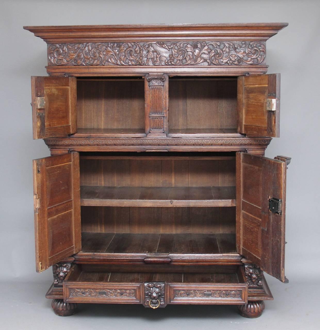 Gothic 17th Century Carved Oak Flemish Cupboard Cabinet