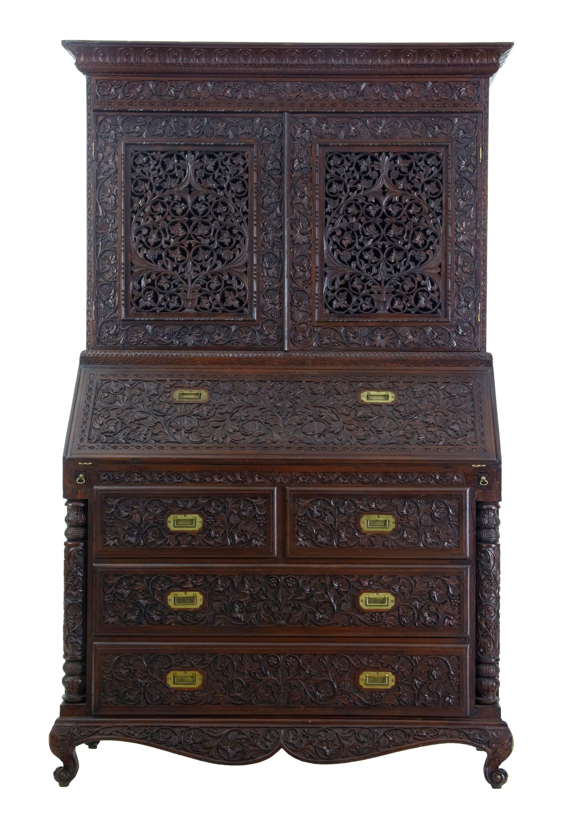 Late 19th Century Carved Anglo-Indian Padouk Bureau Bookcase In Good Condition In Debenham, Suffolk