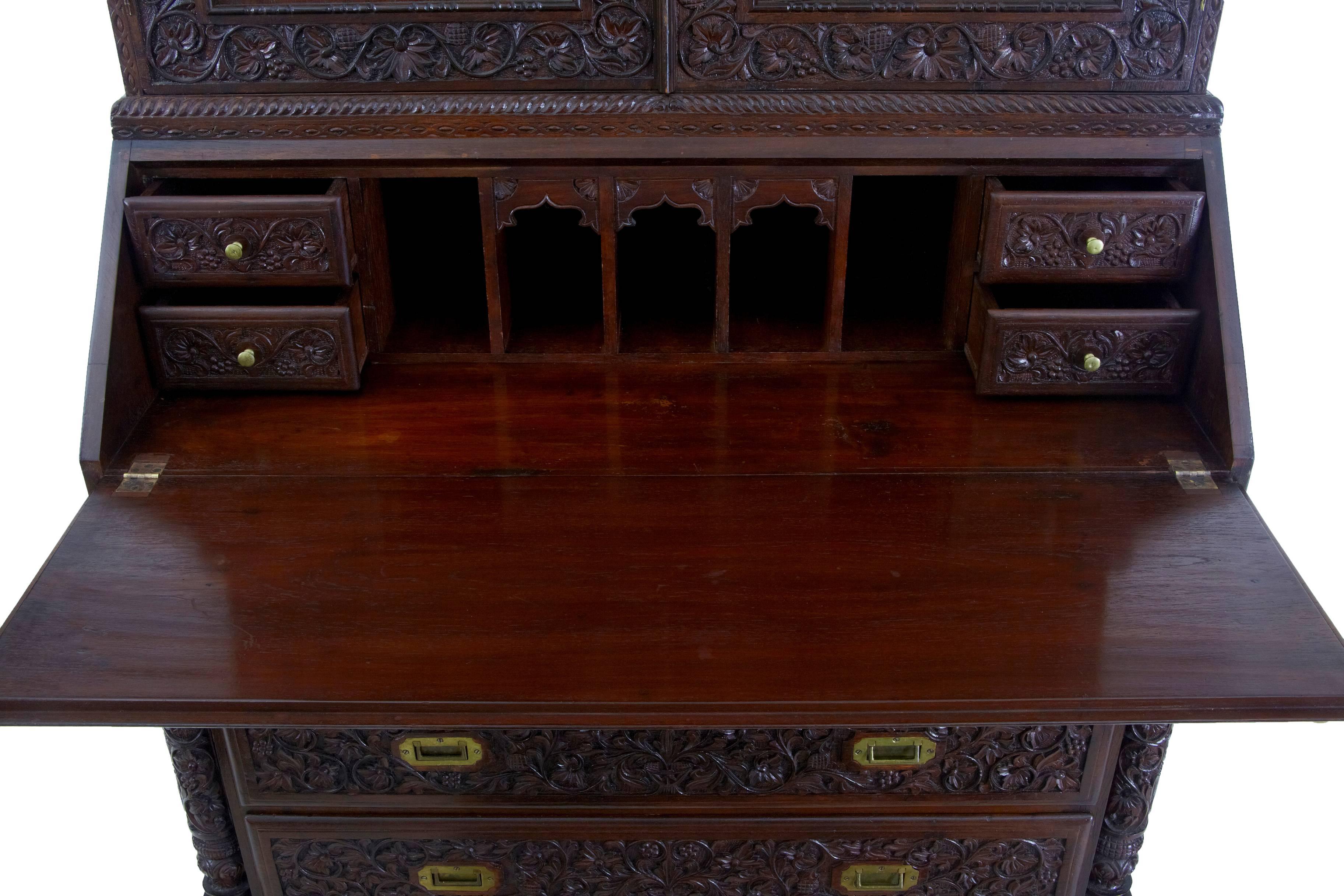 Late 19th Century Carved Anglo-Indian Padouk Bureau Bookcase 1