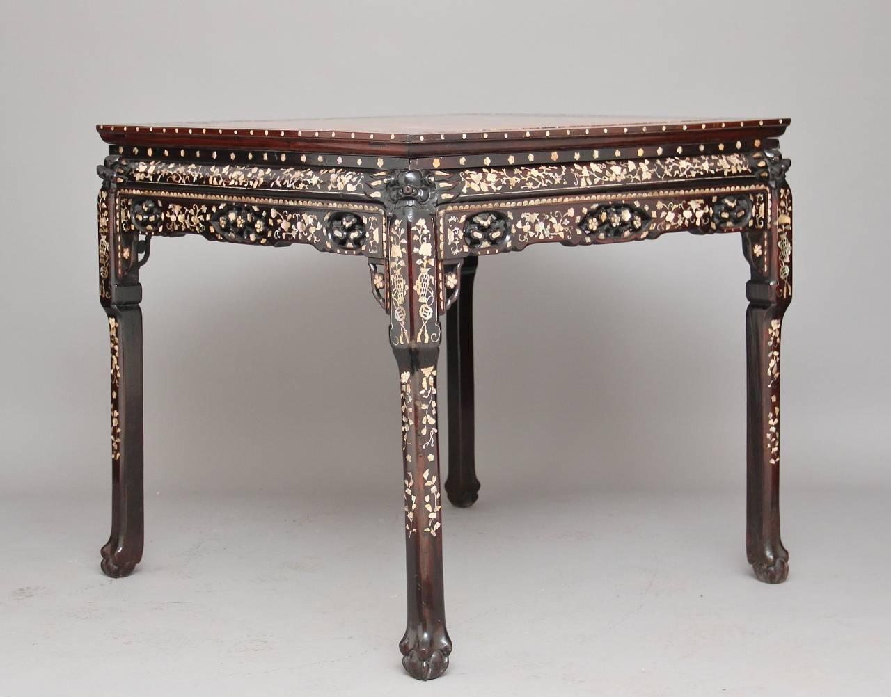 Chinese Export 19th Century Carved Chinese Rosewood and Mother-of-Pearl Centre Table