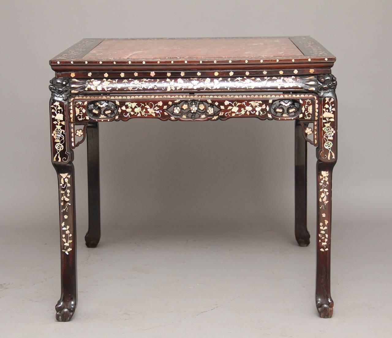 19th Century Carved Chinese Rosewood and Mother-of-Pearl Centre Table 1