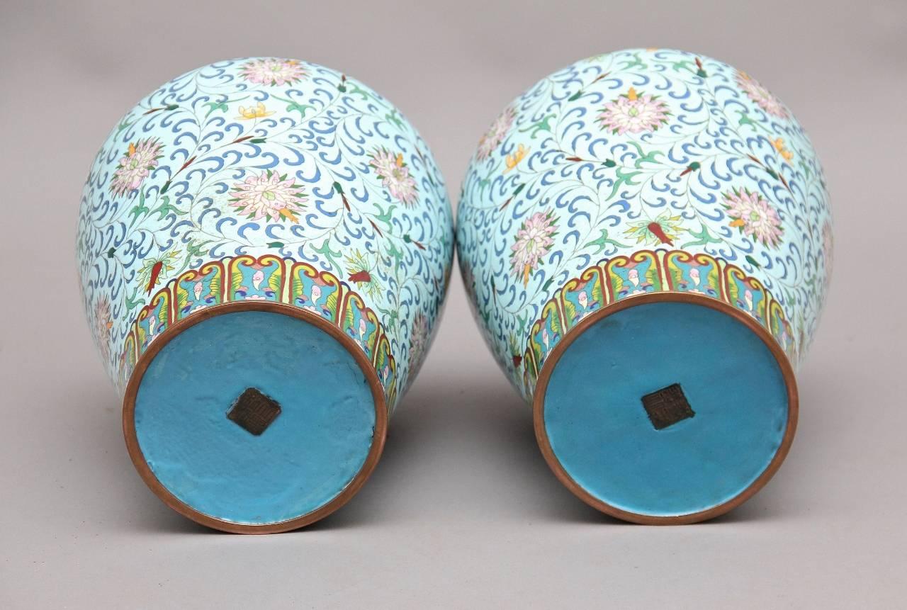 Pair of 20th Century Chinese Cloisonné Enamel Vases In Good Condition In Debenham, Suffolk