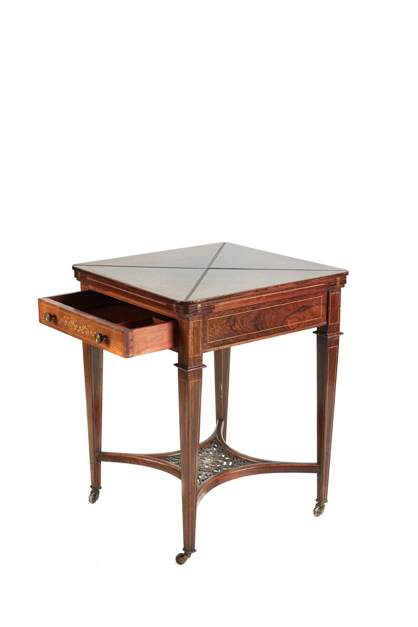 Late 19th Century Victorian Rosewood Marquetry Envelope Card Table In Good Condition In Debenham, Suffolk