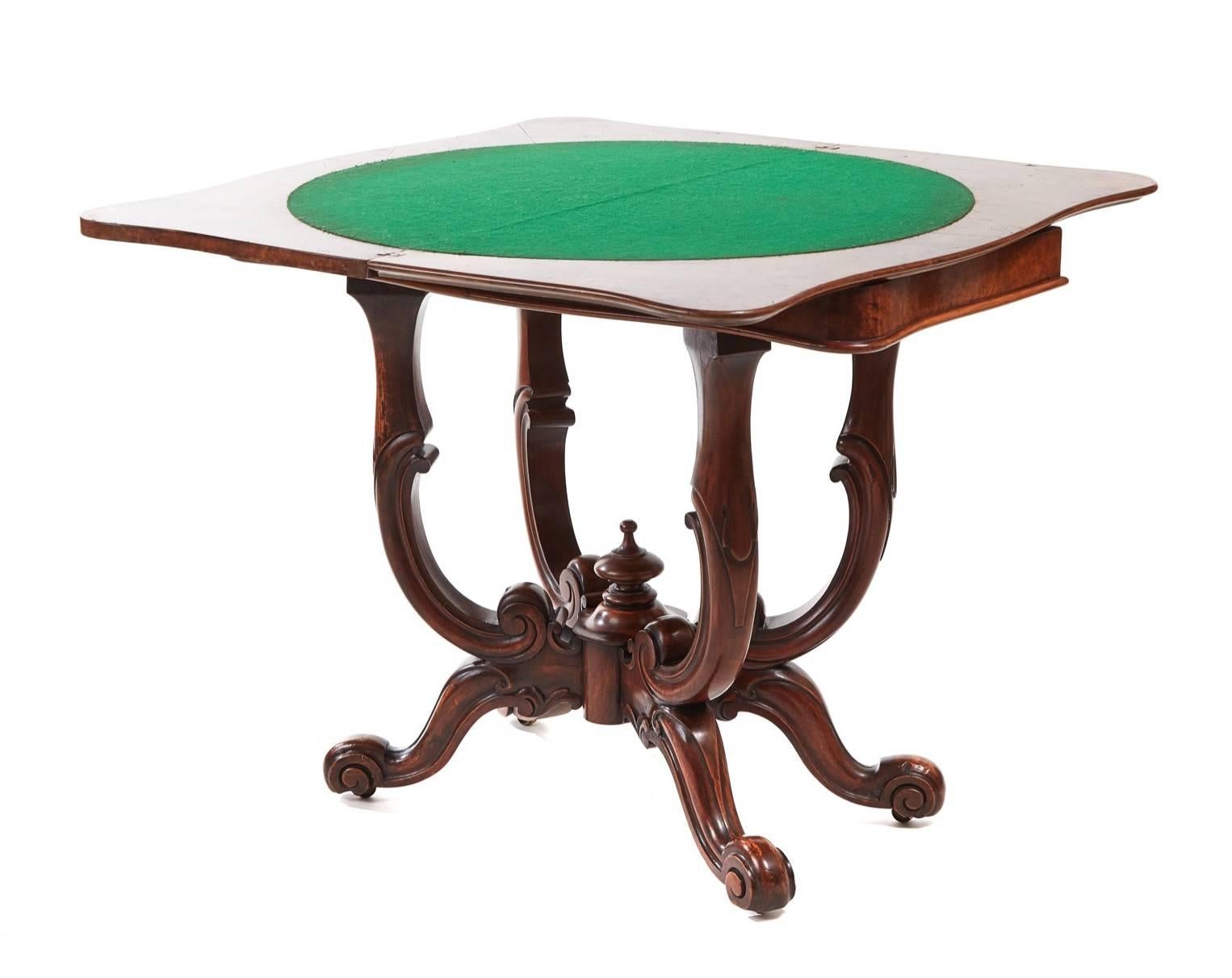 Unusual Victorian burr walnut basket base card table, having a burr walnut serpentine shaped swivel top with thumb moulded edge, green baize interior, the unusual solid walnut shaped scrolling basket base with lovely shaped cabriole legs on original