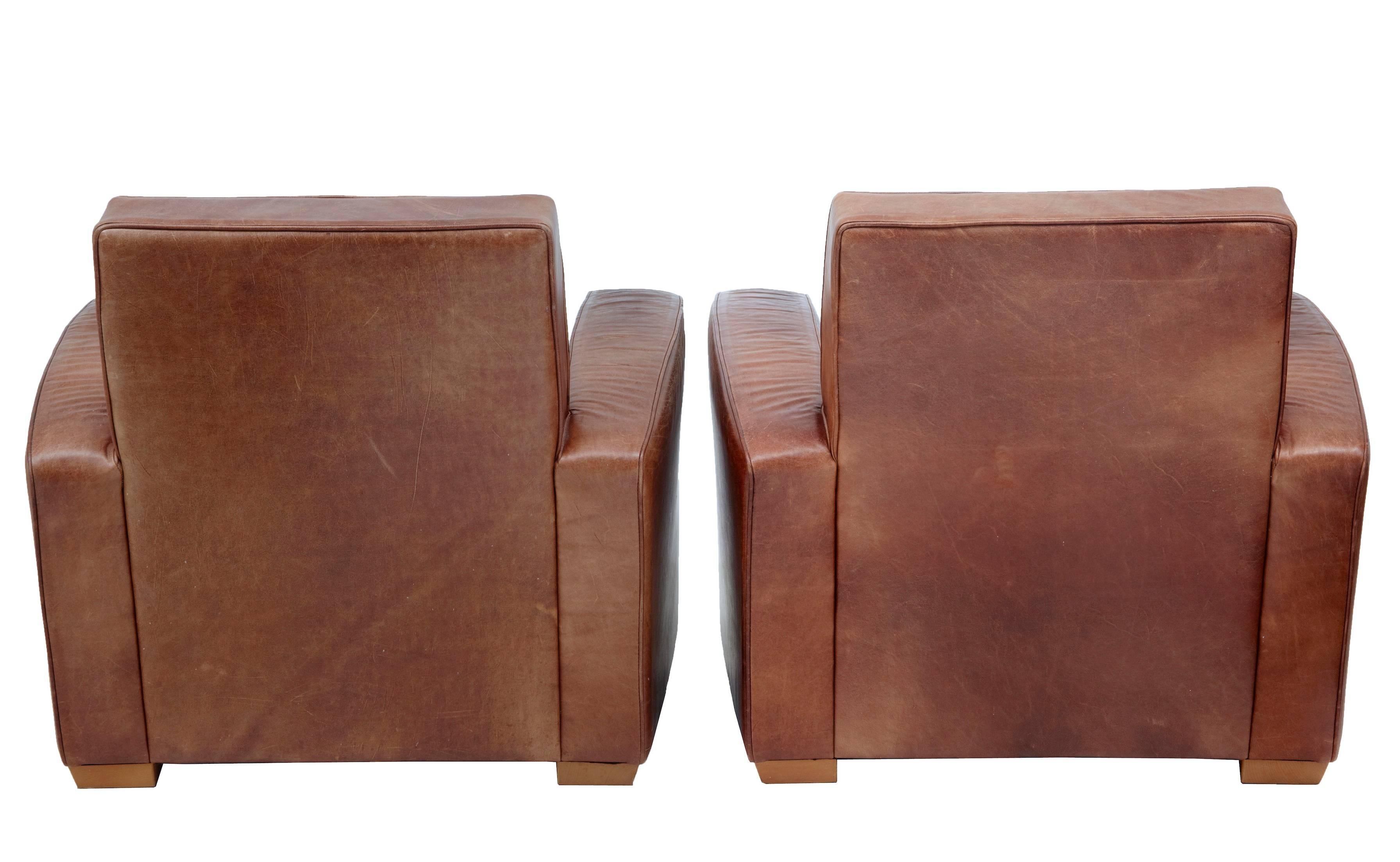 European Pair of 1960s Art Deco Design Leather Armchairs