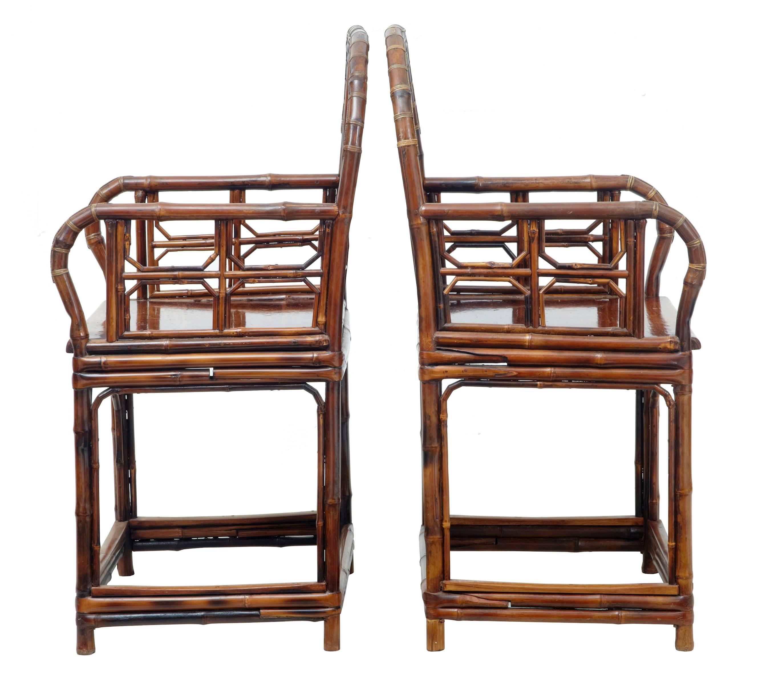 Good quality pair of bamboo cane work chairs, circa 1880.
Cane work arranged in a pattern on the backrest.
Bamboo shaped arms and bound by twine.
Legs united and reinforced by cane work.
Some minor restoration to the hardwood seats.

Measures: