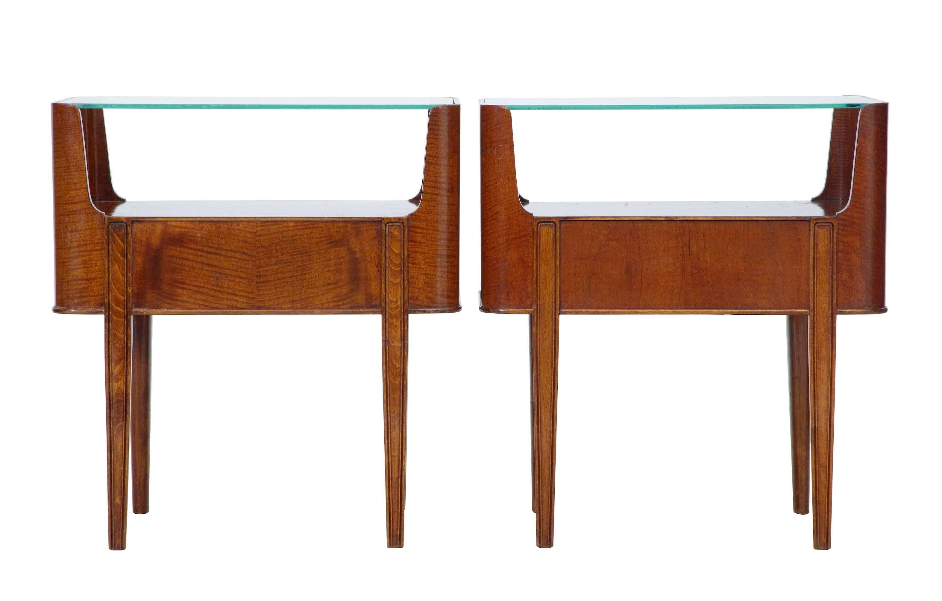 European Pair of 1960s Mahogany Glass Top Bedside Tables