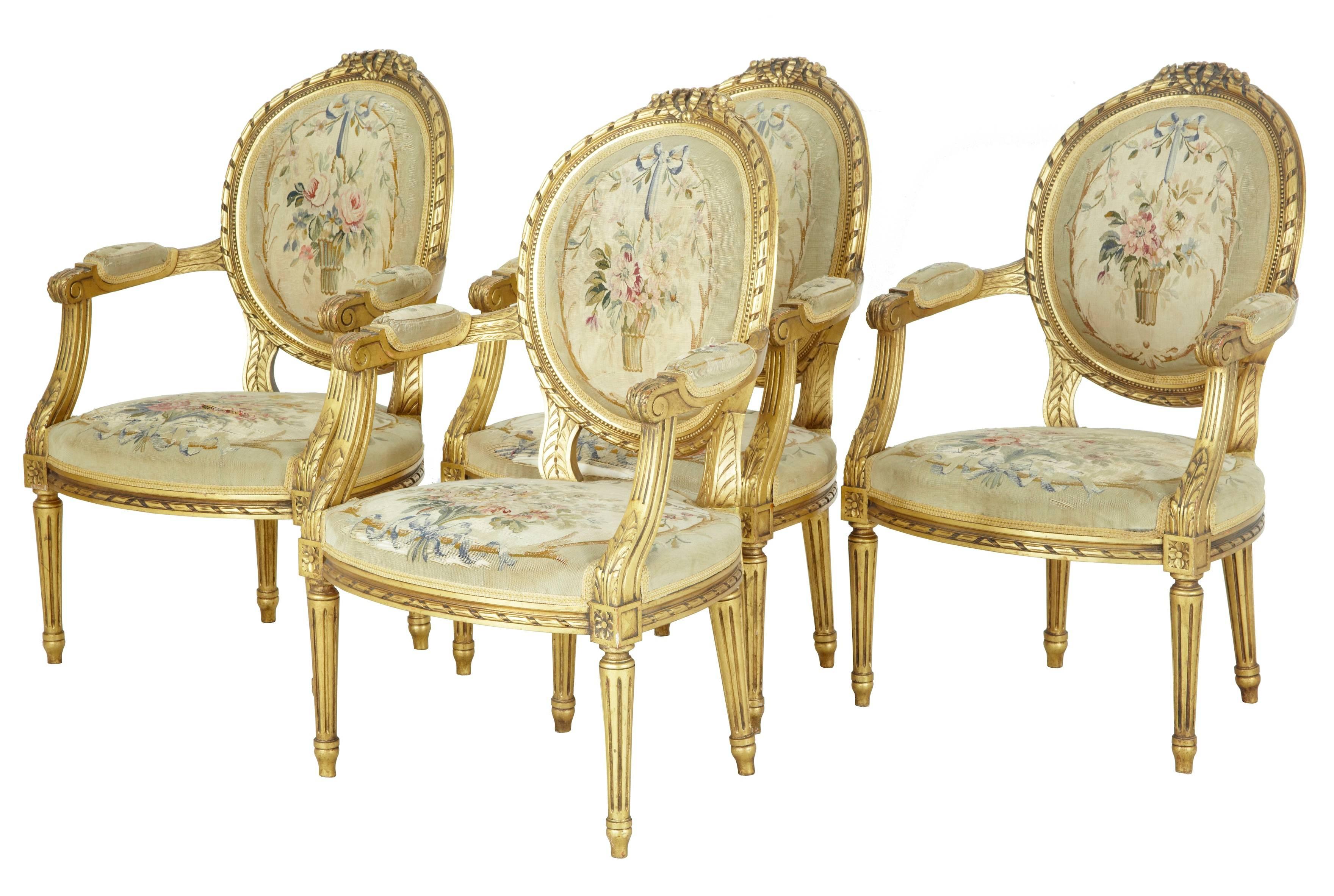 Good quality five-piece salon suite, circa 1880.
Set comprises of two-seat sofa and four armchairs.
Beautifully carved back rests, acanthus leaf detailed scrolled arms, which is repeated down to the legs.
Original floral tapestry covering which