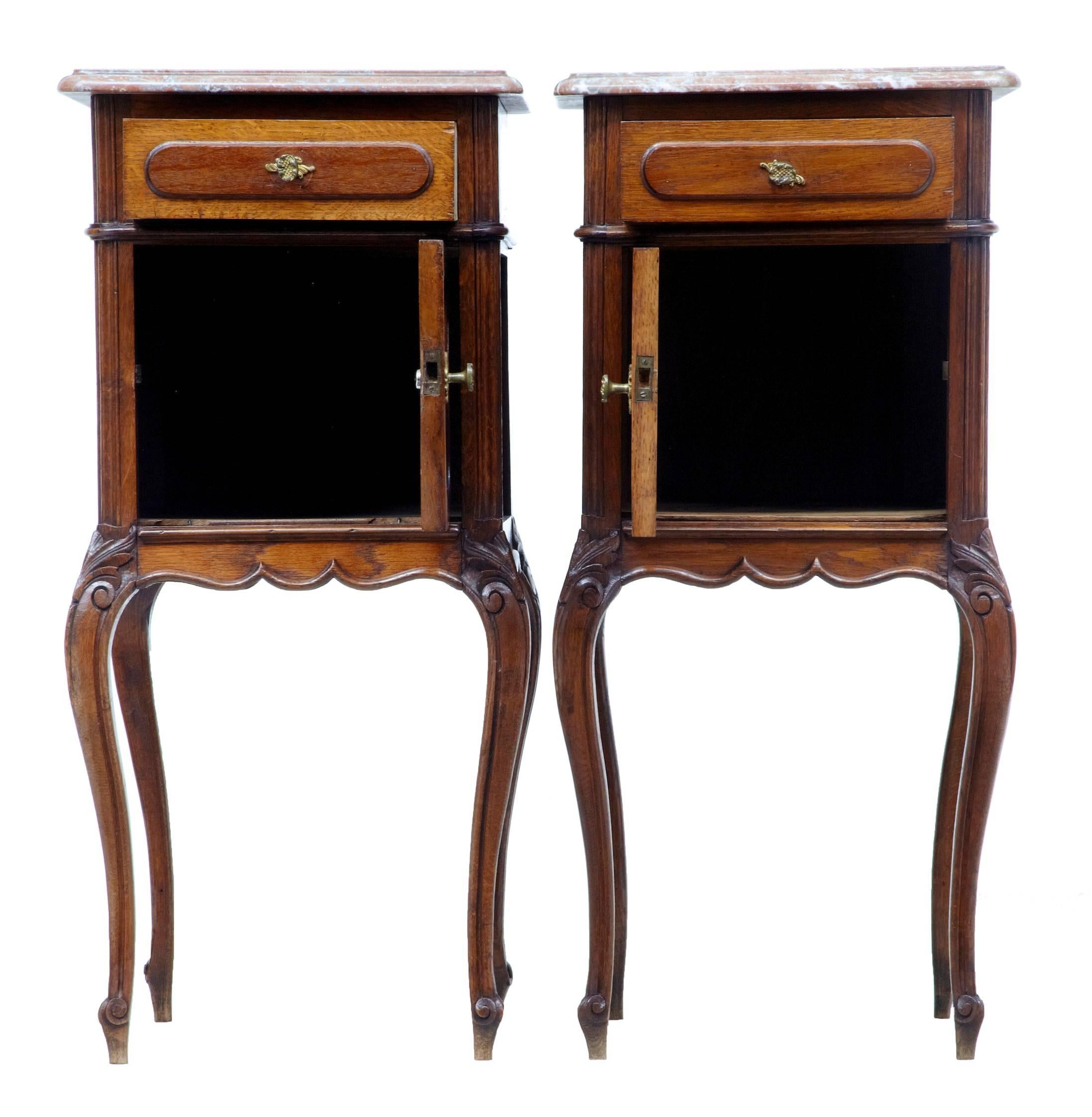 French Provincial Pair of 19th Century French Oak Marble-Top Nightstands