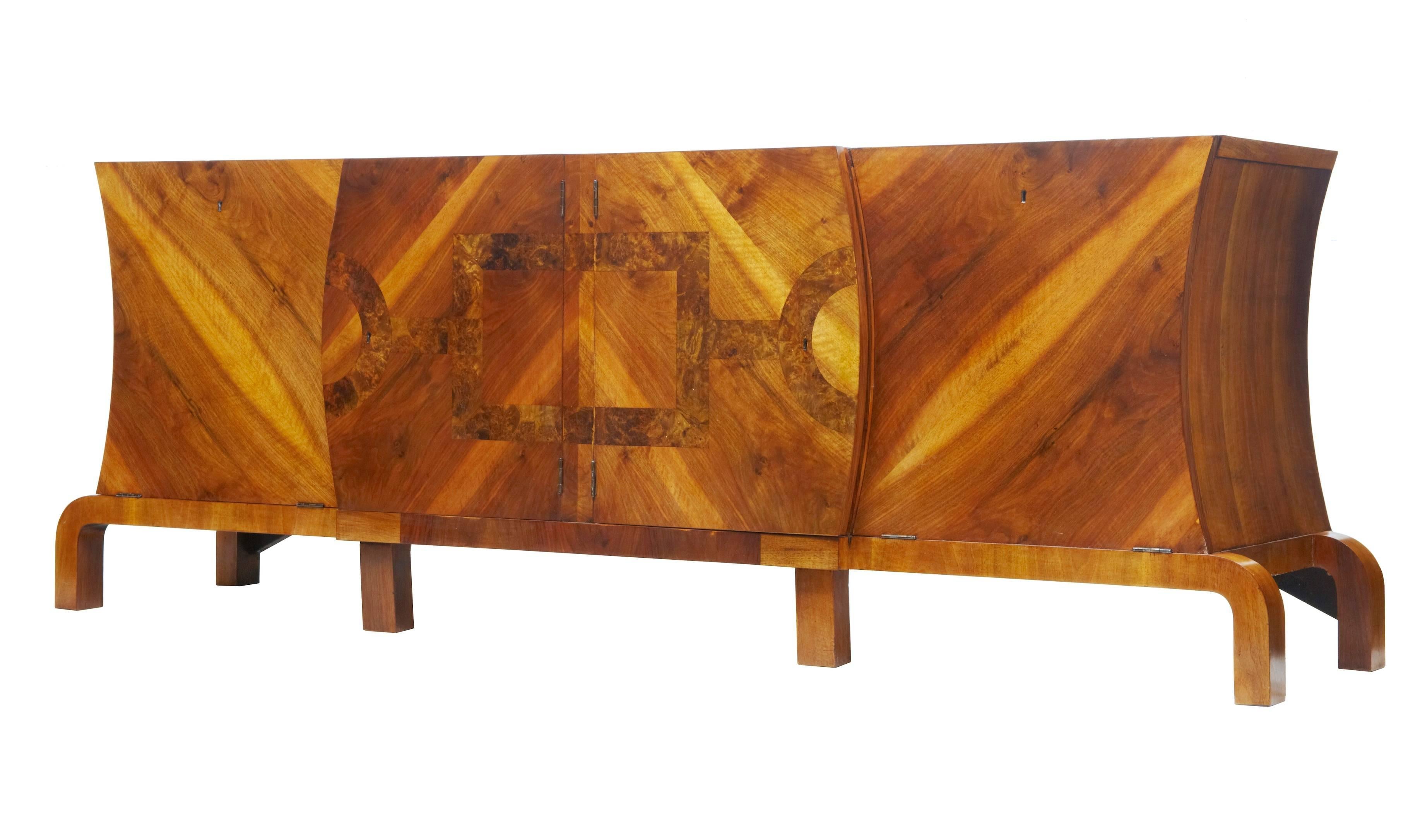 Large Art Deco Walnut and Root Sideboard In Good Condition In Debenham, Suffolk