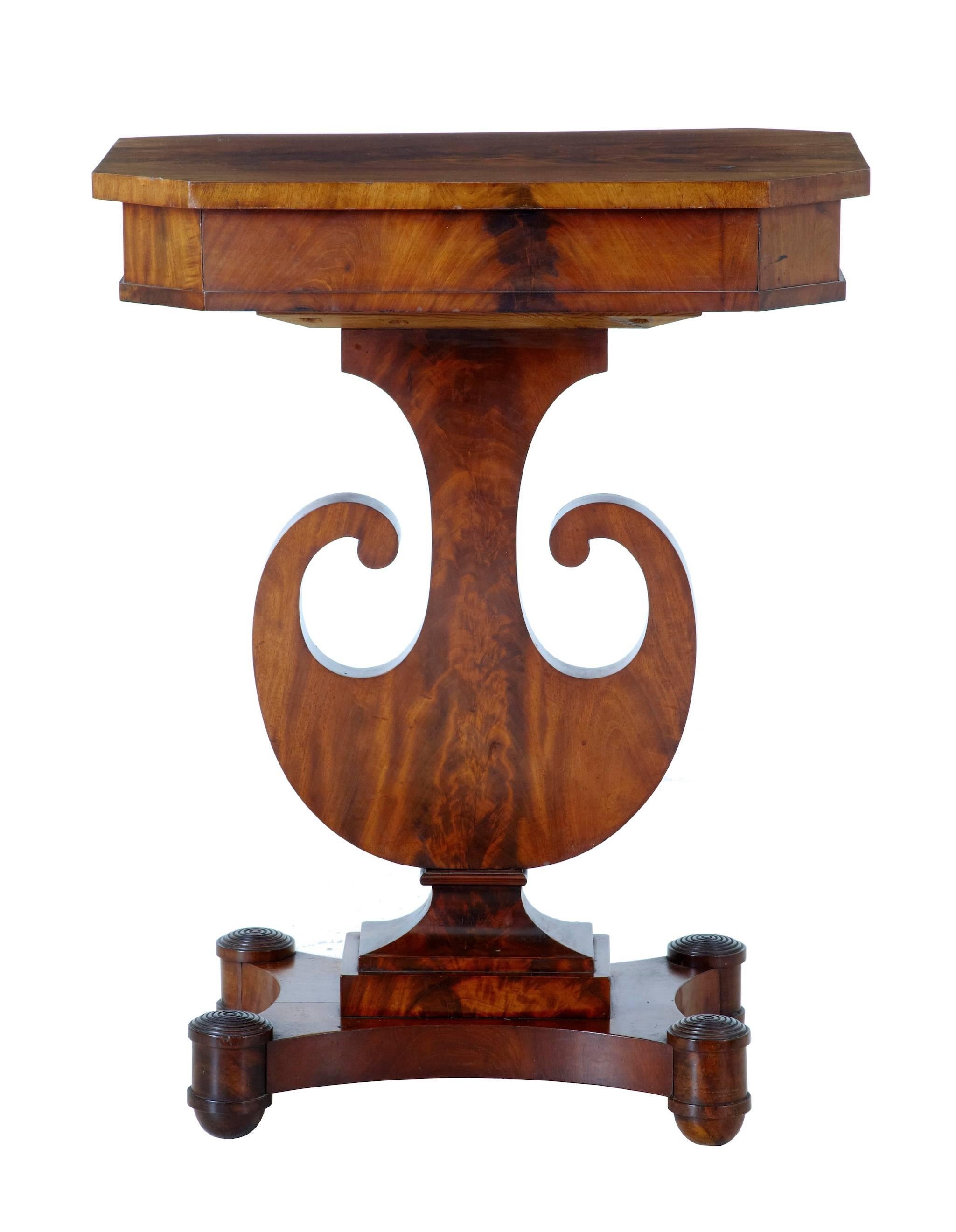 Gustavian 19th Century Flame Mahogany Lyre Form Sewing Table