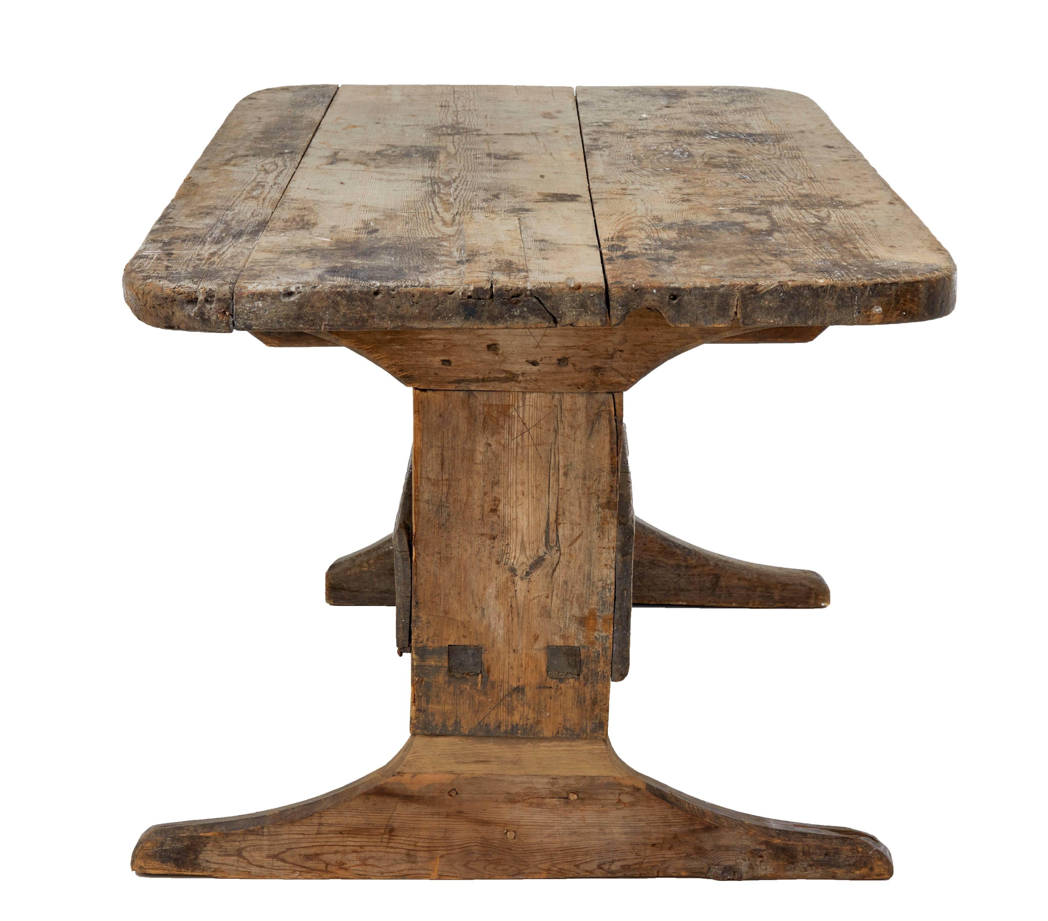 Rustic Swedish 18th Century Pine Trestle Kitchen Small Dining Table
