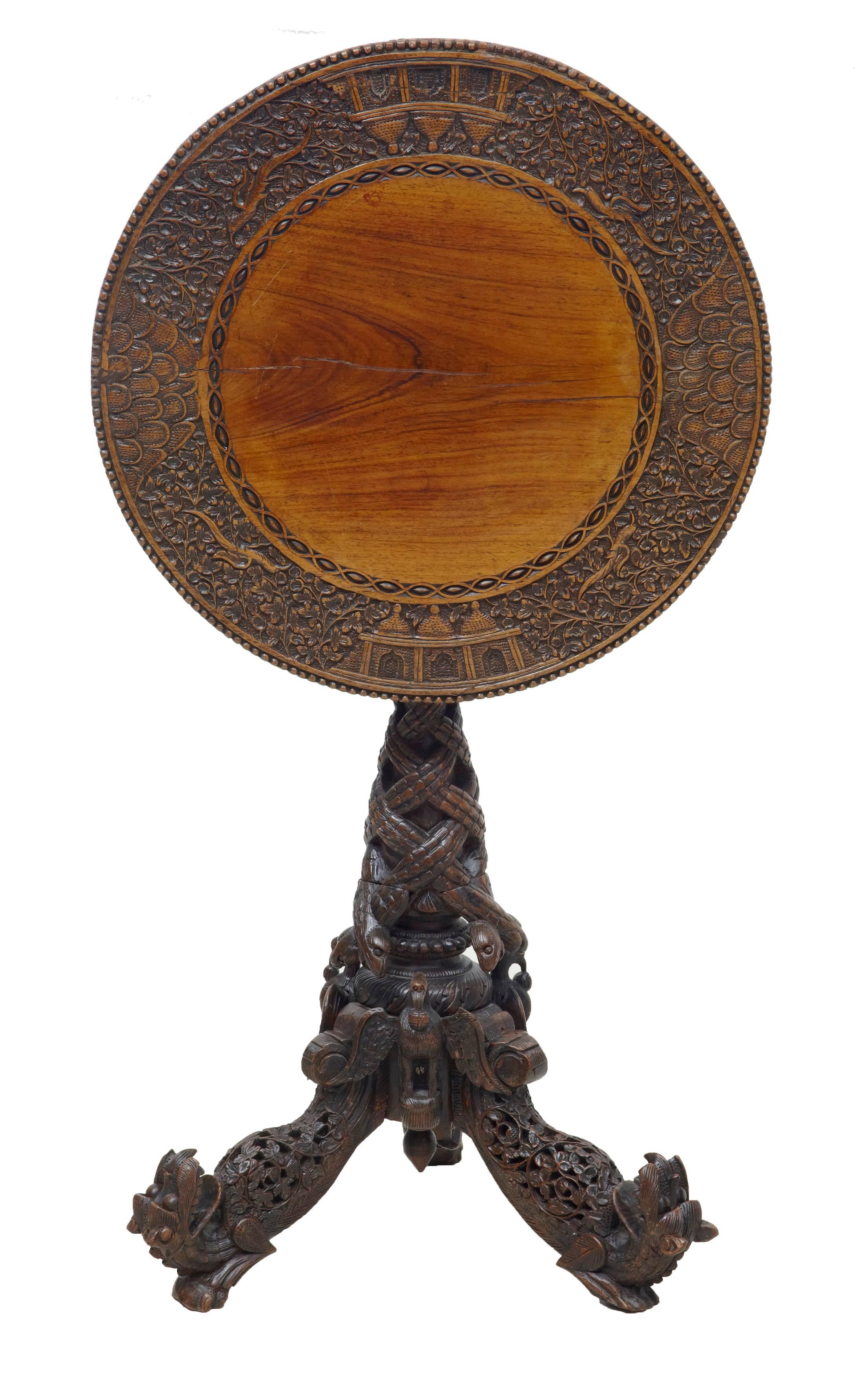 Anglo-Indian 19th Century Carved Anglo Indian Padouk Tilt Top Table