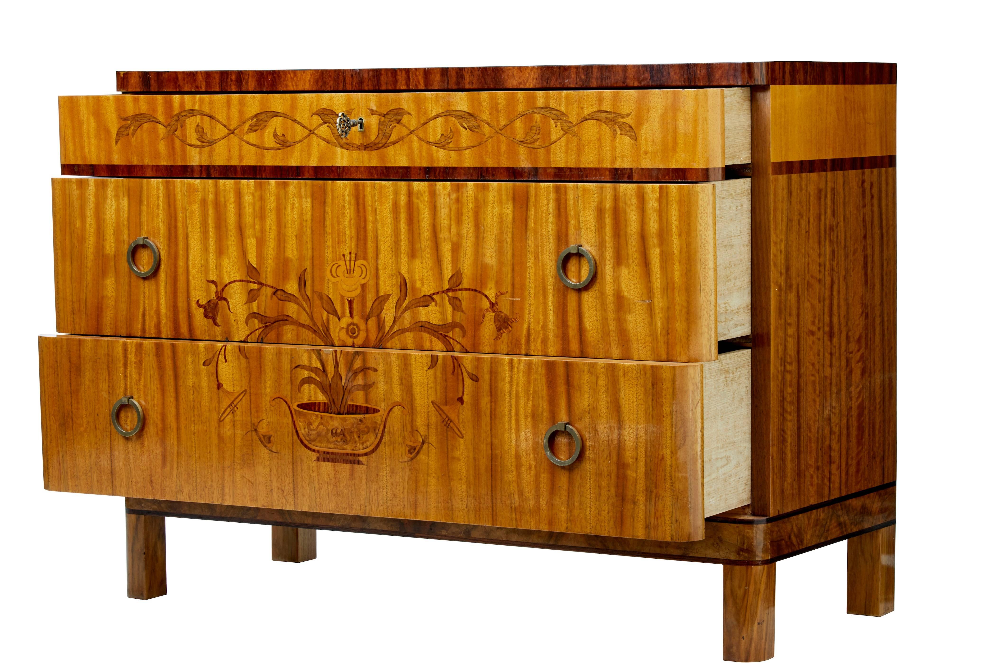 European 1930s Art Deco Birch and Walnut Inlaid Chest of Drawers