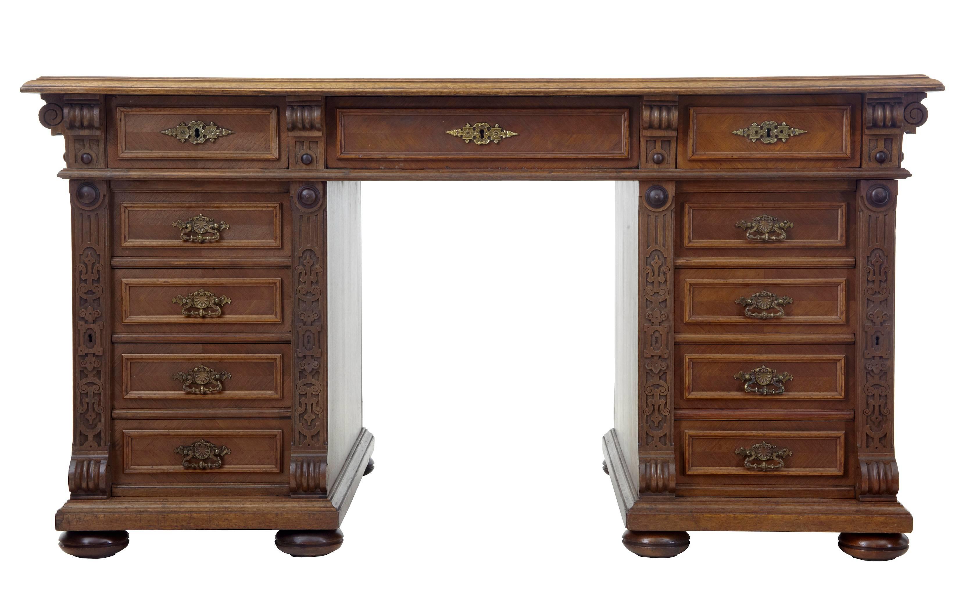 Good quality walnut pedestal desk, circa 1870.
Partners desk with drawers being fitted both sides.
Brand new good leather writing surface with gold tooling.
Three drawers to the writing surface and four drawers in each pedestal, mirrored on the