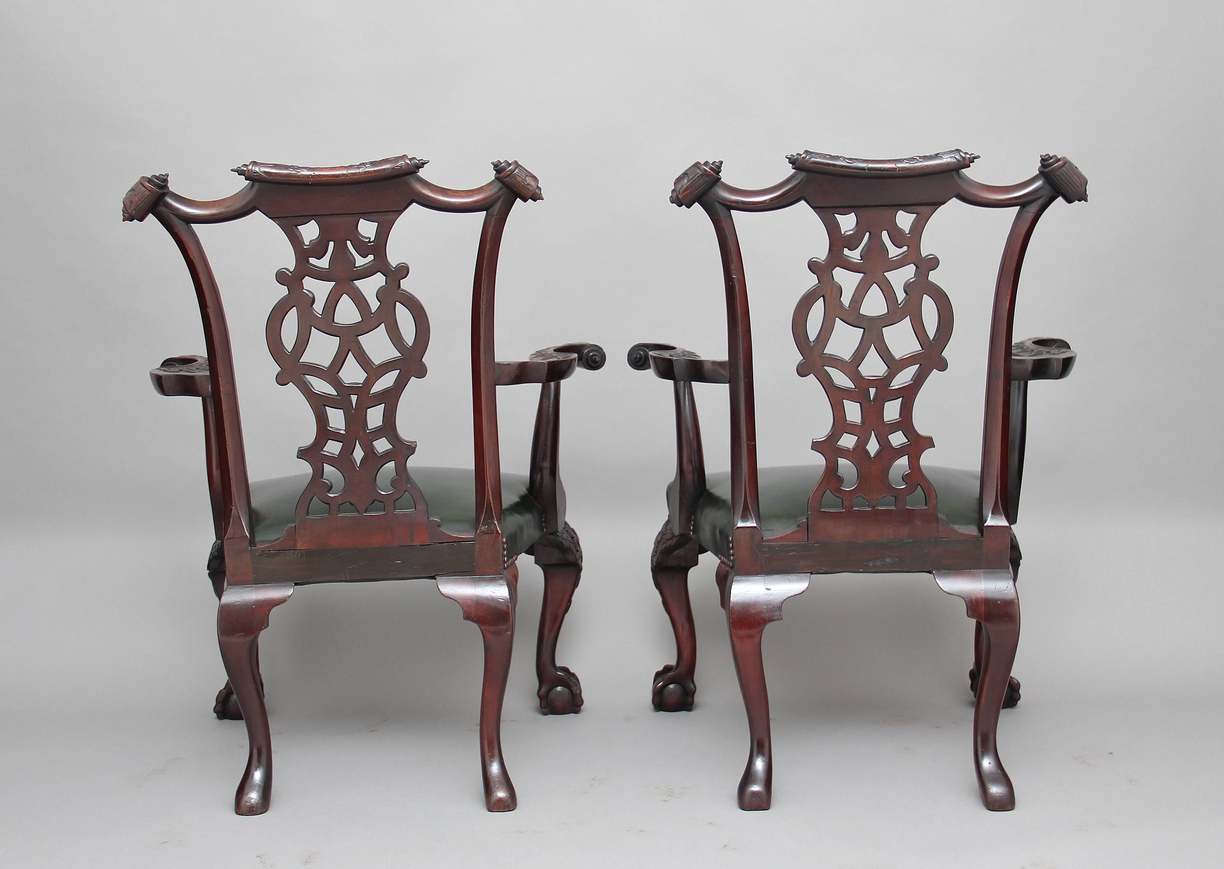 European Fine Pair of 19th Century Chippendale Revival Mahogany Armchairs