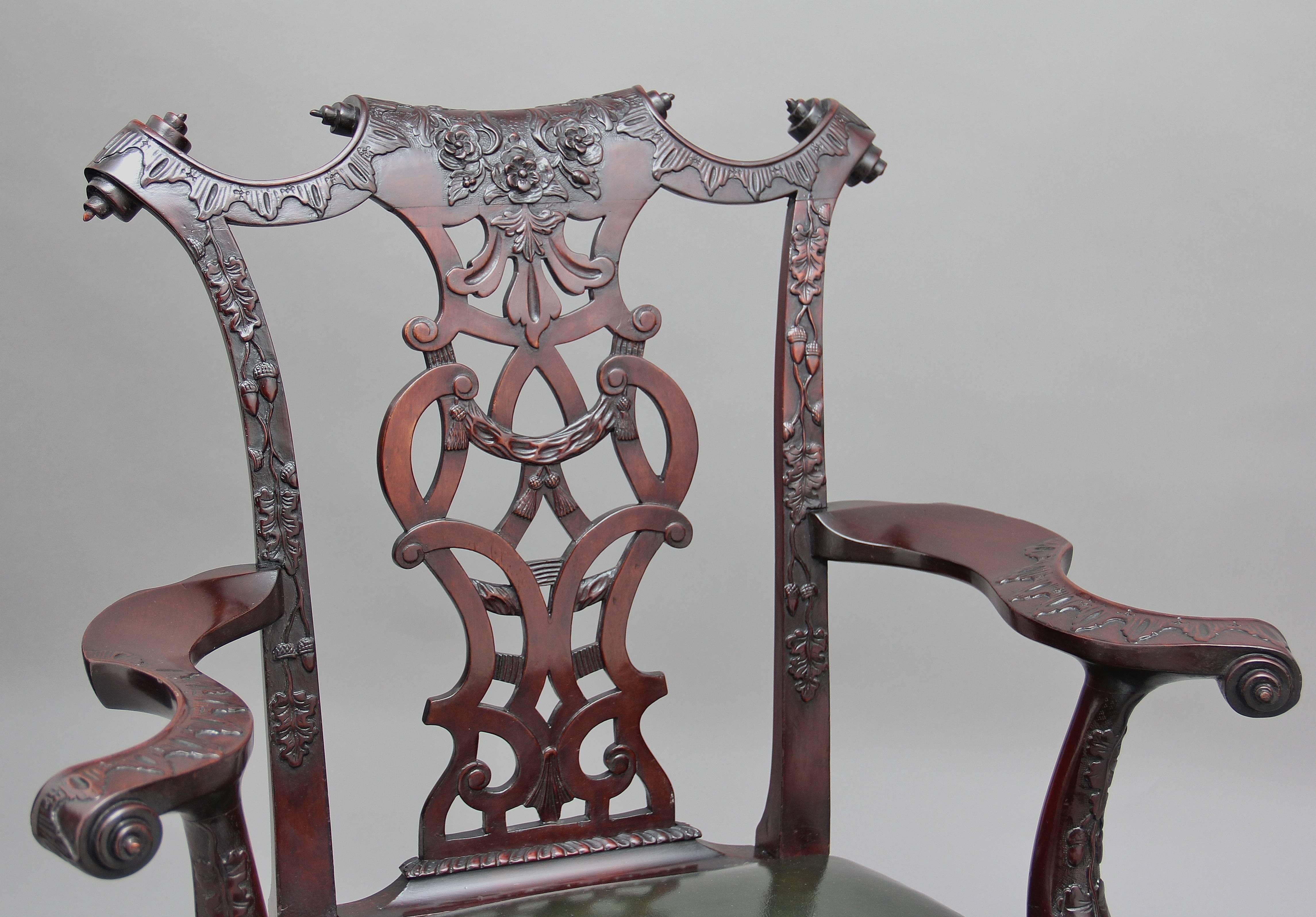 Carved Fine Pair of 19th Century Chippendale Revival Mahogany Armchairs