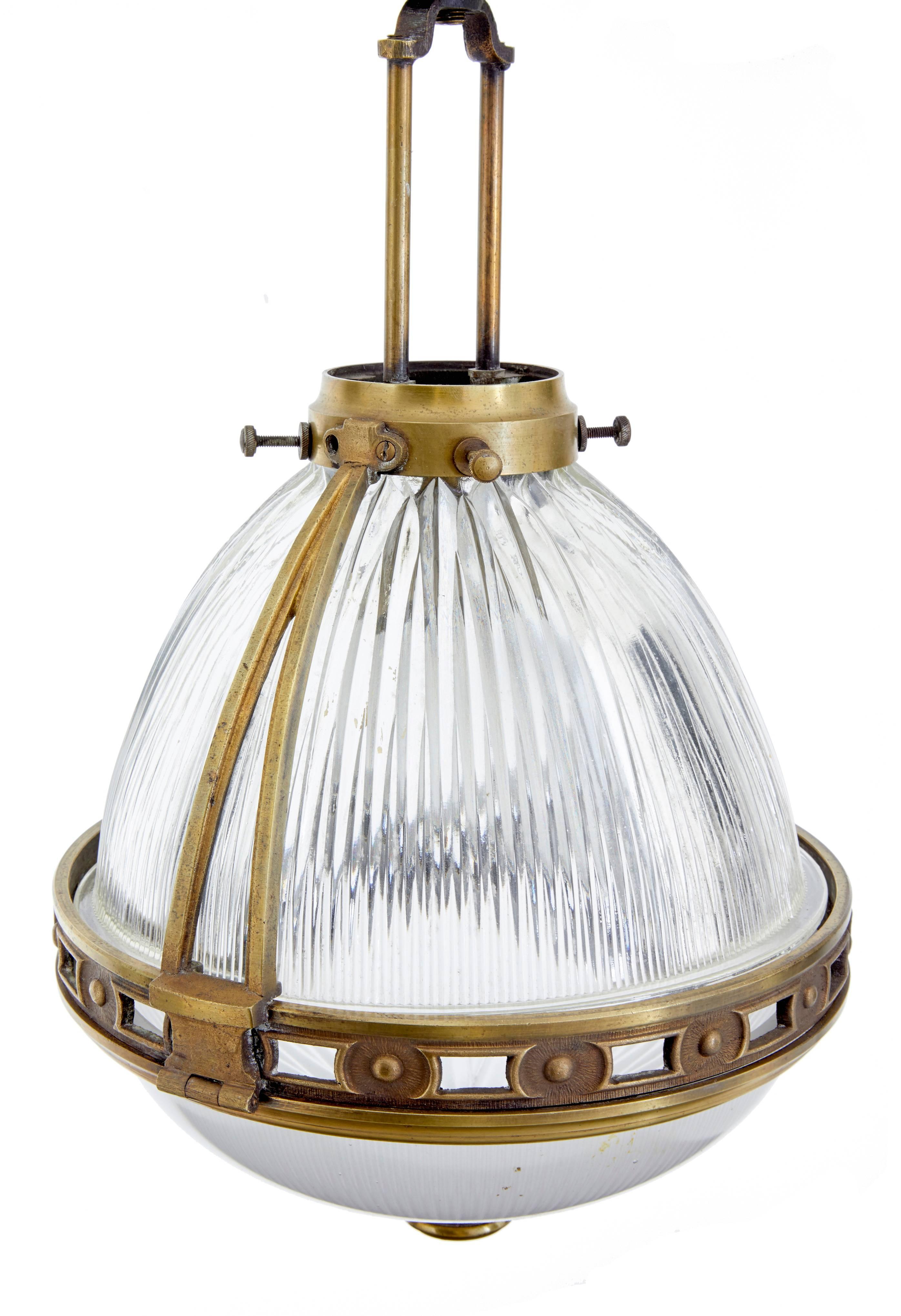 Edwardian Pair of 1930s French Brass and Glass Pendant Lights