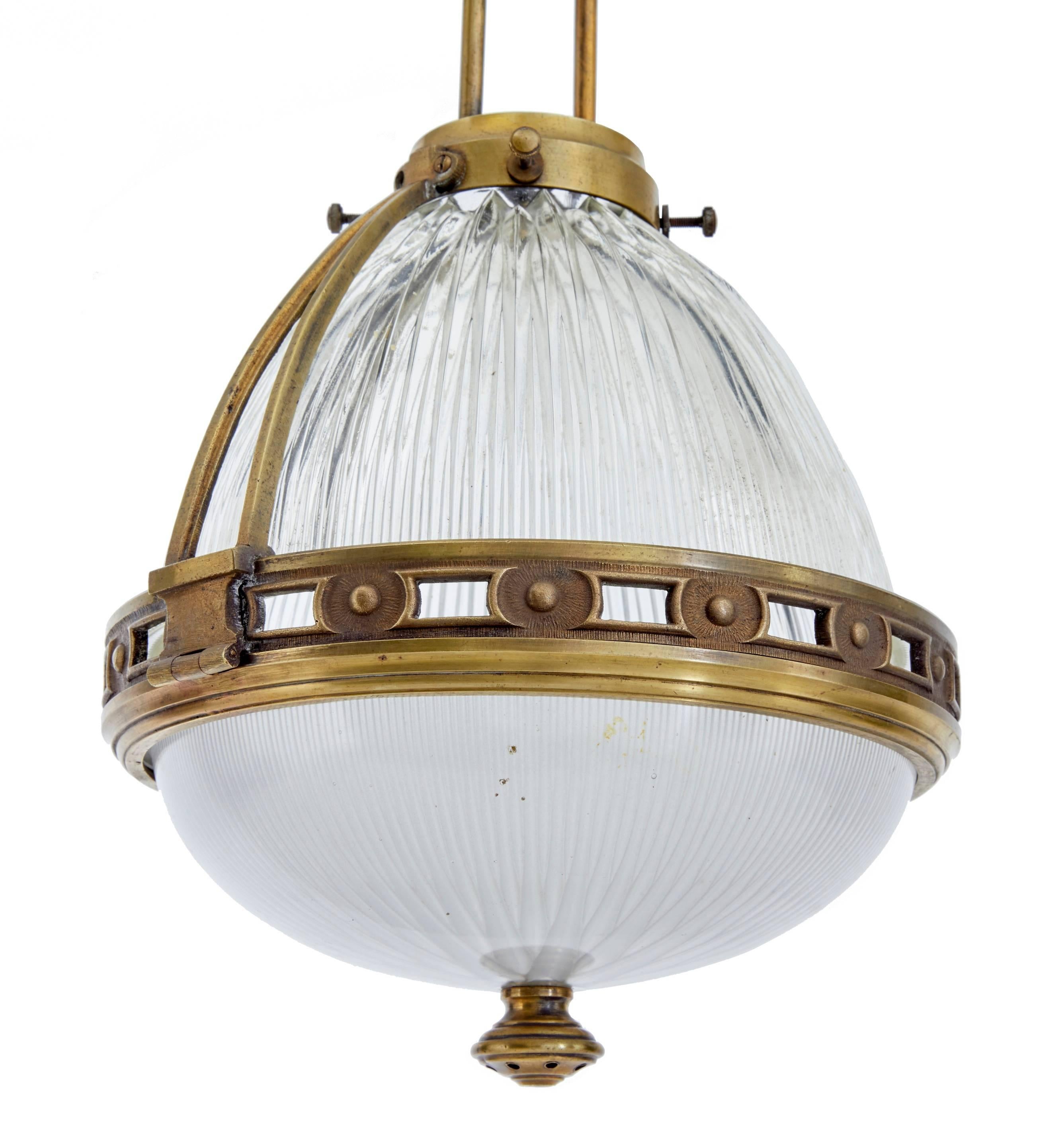European Pair of 1930s French Brass and Glass Pendant Lights