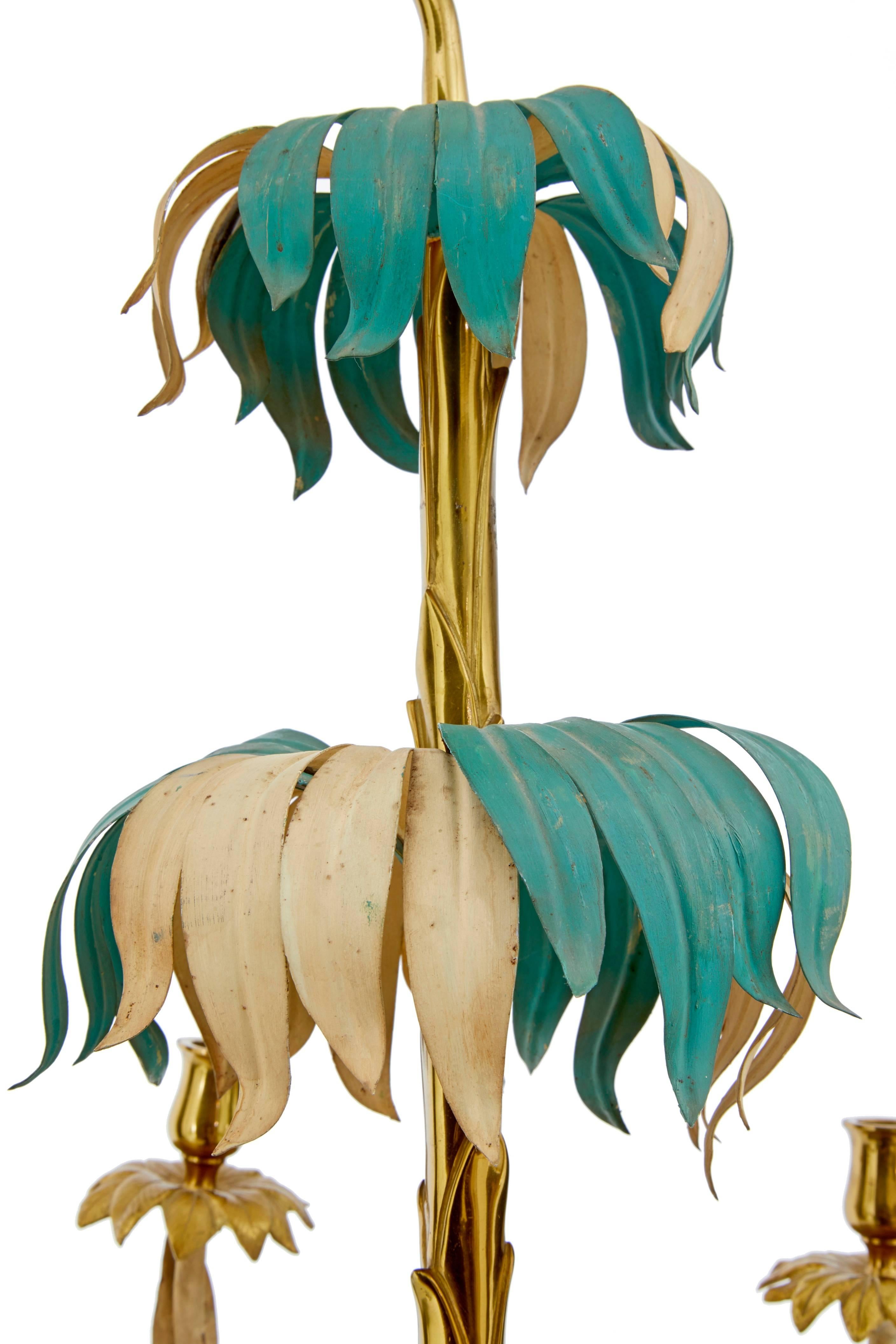 Painted 1960s French Decorated Brass Palm Chandelier by Bagues