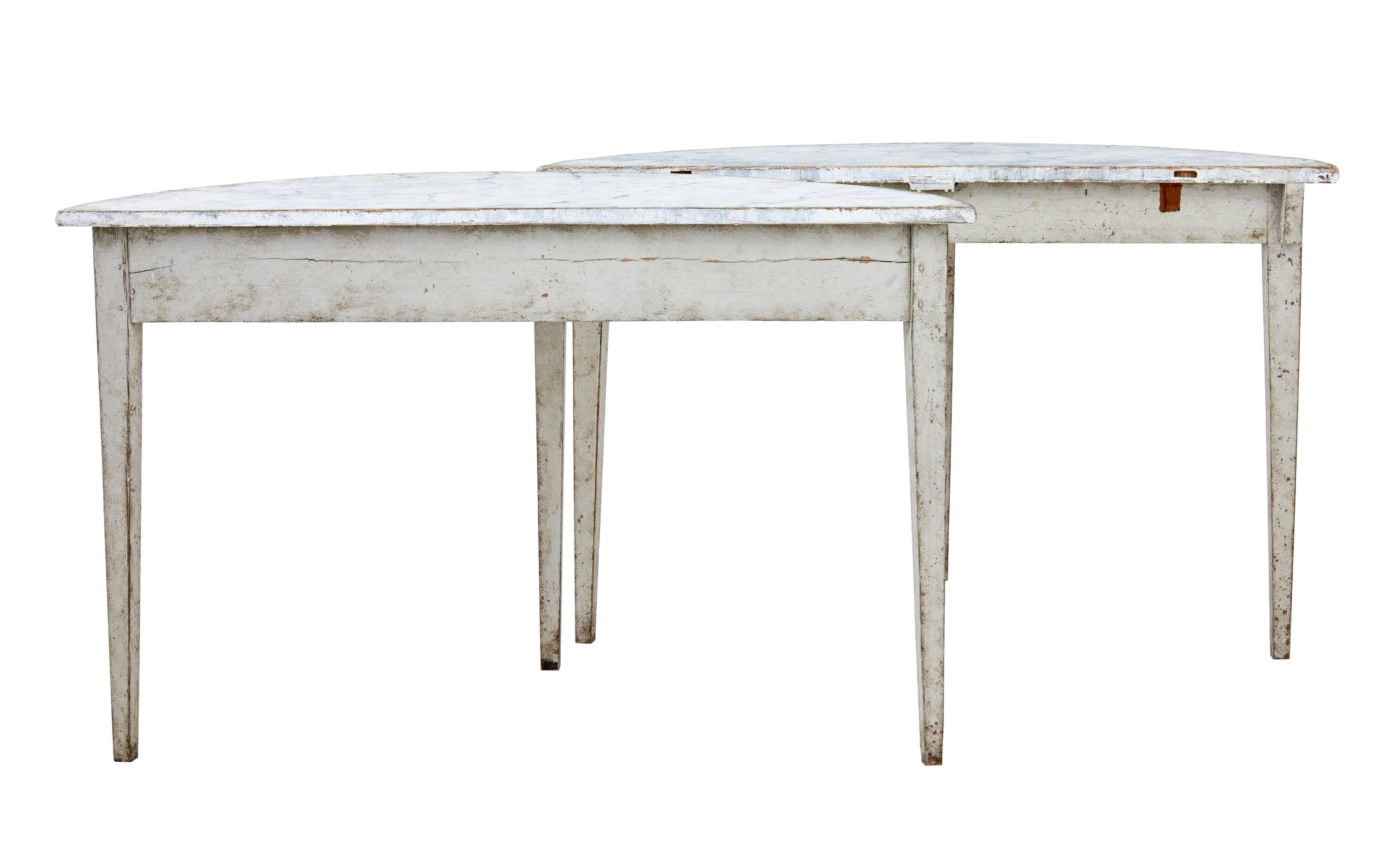 Gustavian Pair of 19th Century Painted Swedish Demilune Tables