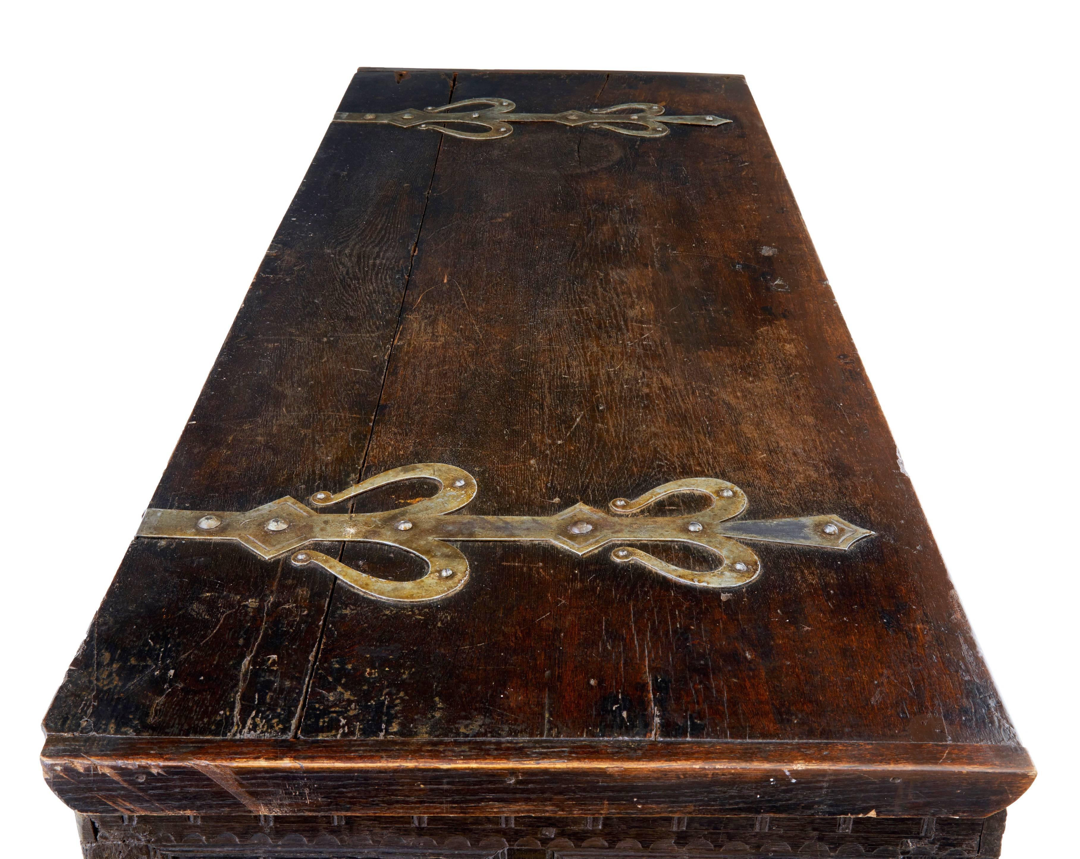 Large 17th Century Continental Carved Oak Coffer In Fair Condition In Debenham, Suffolk