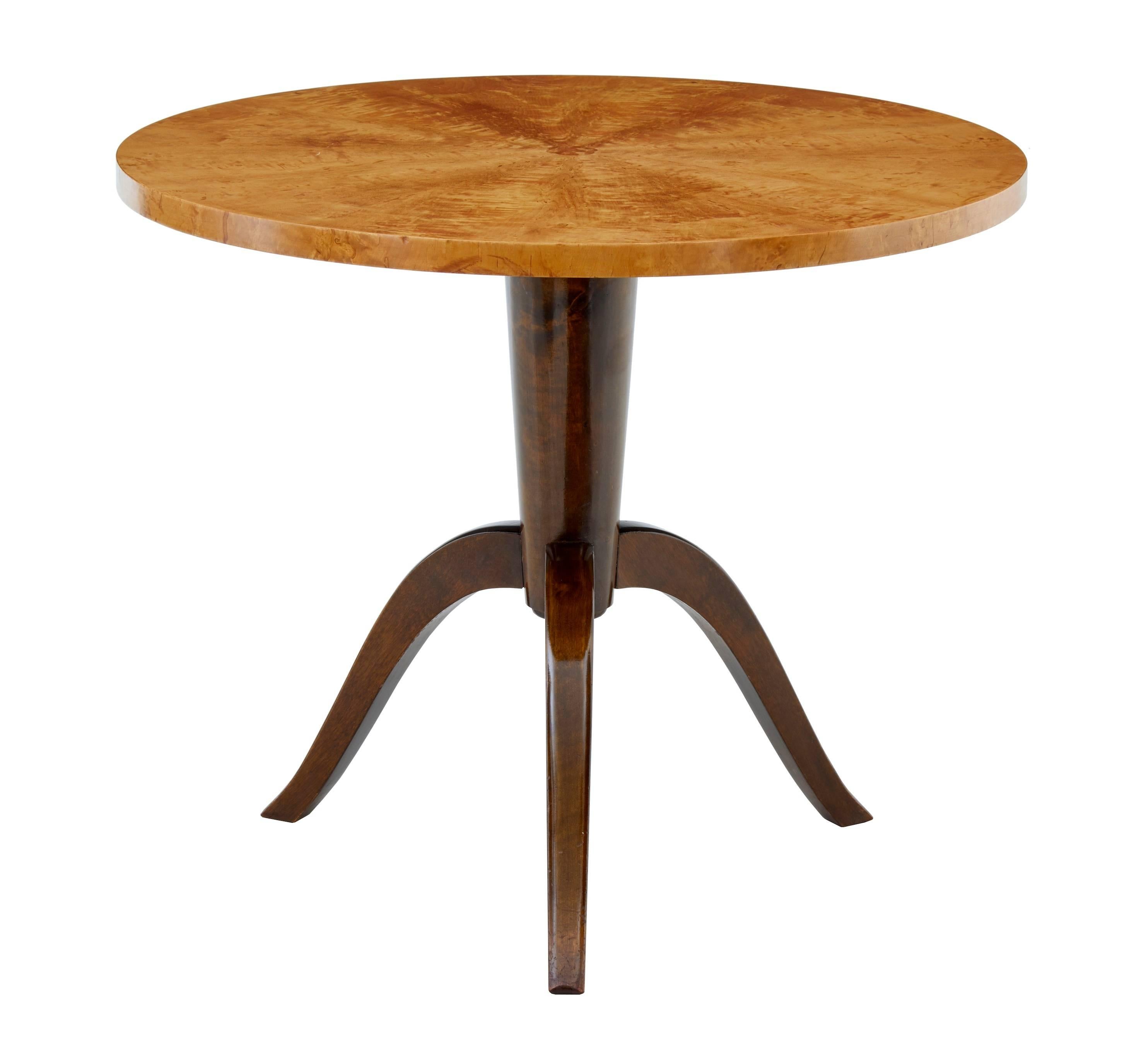 Circular occasional table, circa 1950.
Stunning burr birch veneered top which has recently be re-polished.
Standing on contrasting dark birch tripod base.

Measures: Height 23