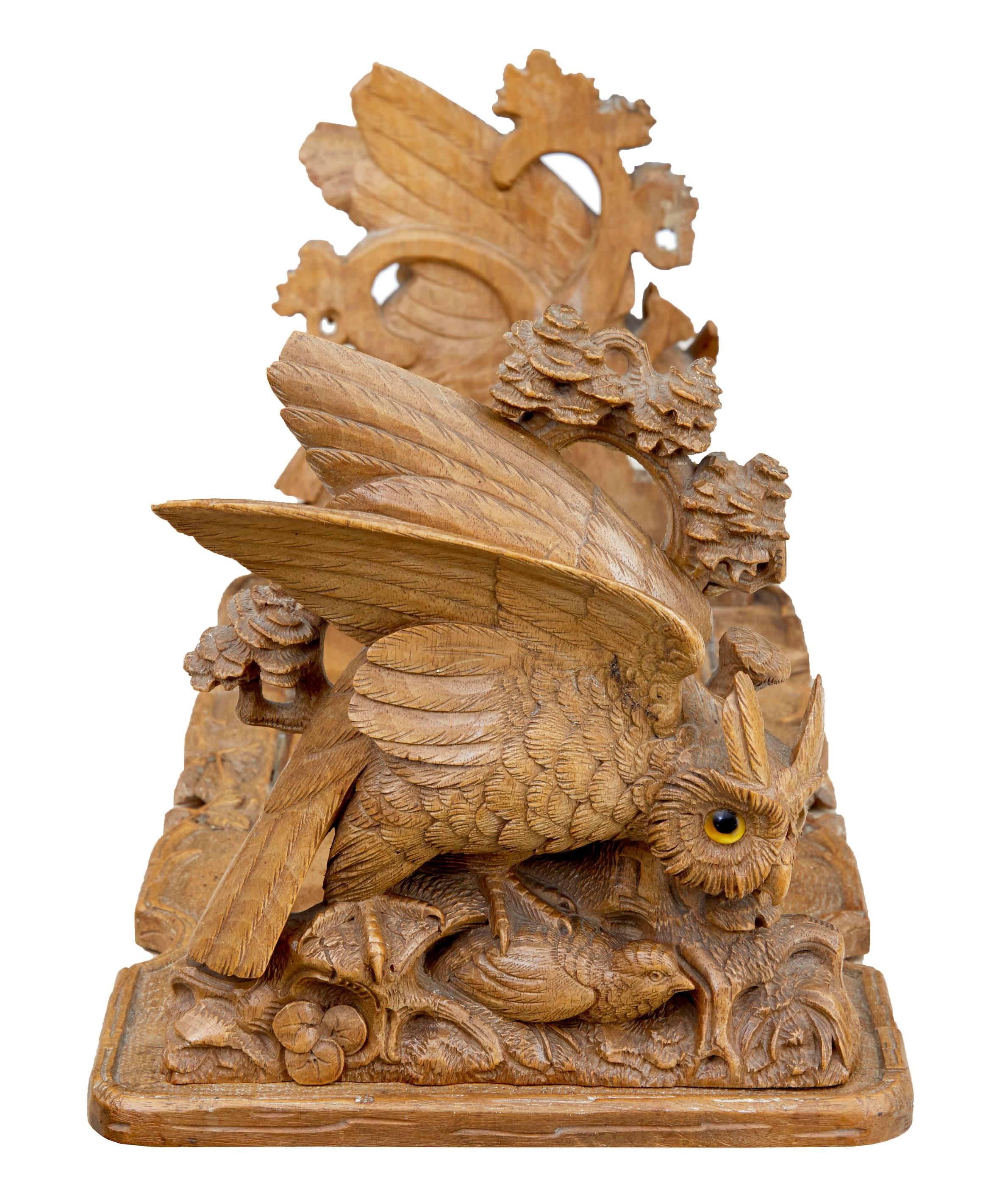Fine quality carved oak book ends, circa 1890.
Carved with owls standing over its prey. Quality depth of carving in the solid.
Some losses to surface where books are sat and is now in a fixed position, rather than extendable when first